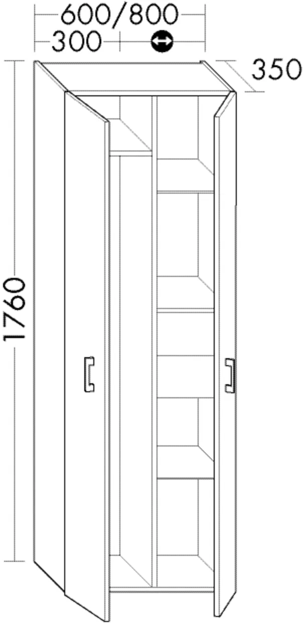 Hochschrank, 2 Türen;2 Einlegeböden;2 Innenschubladen;2 feste Böden;1 Kleiderstange mit 2 Haken, Tiefe: 350 mm, Breite: 600 mm, Höhe: 1760 mm Hochschrank, 2 Türen;2 Einlegeböden;2 Innenschubladen;2 feste Böden;1 Kleiderstange mit 2 Haken, Tiefe: 350 mm, Breite: 600 mm, Höhe: 1760 mm