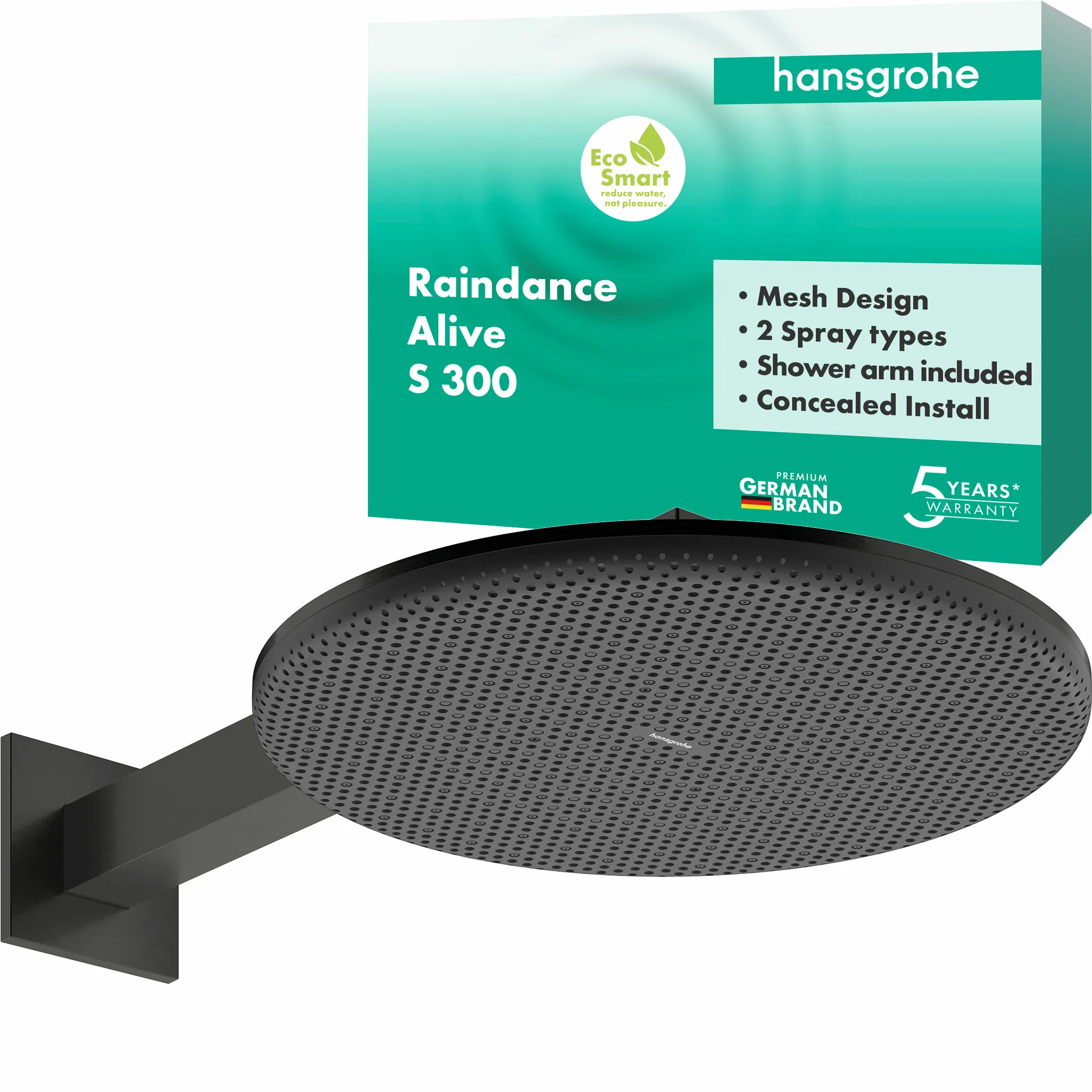 Hansgrohe Kopfbrause Raindance Alive S, 300 mm, Brushed Black Chrome, 8 l/min Durchflussregler, 390 mm Brausearmlänge