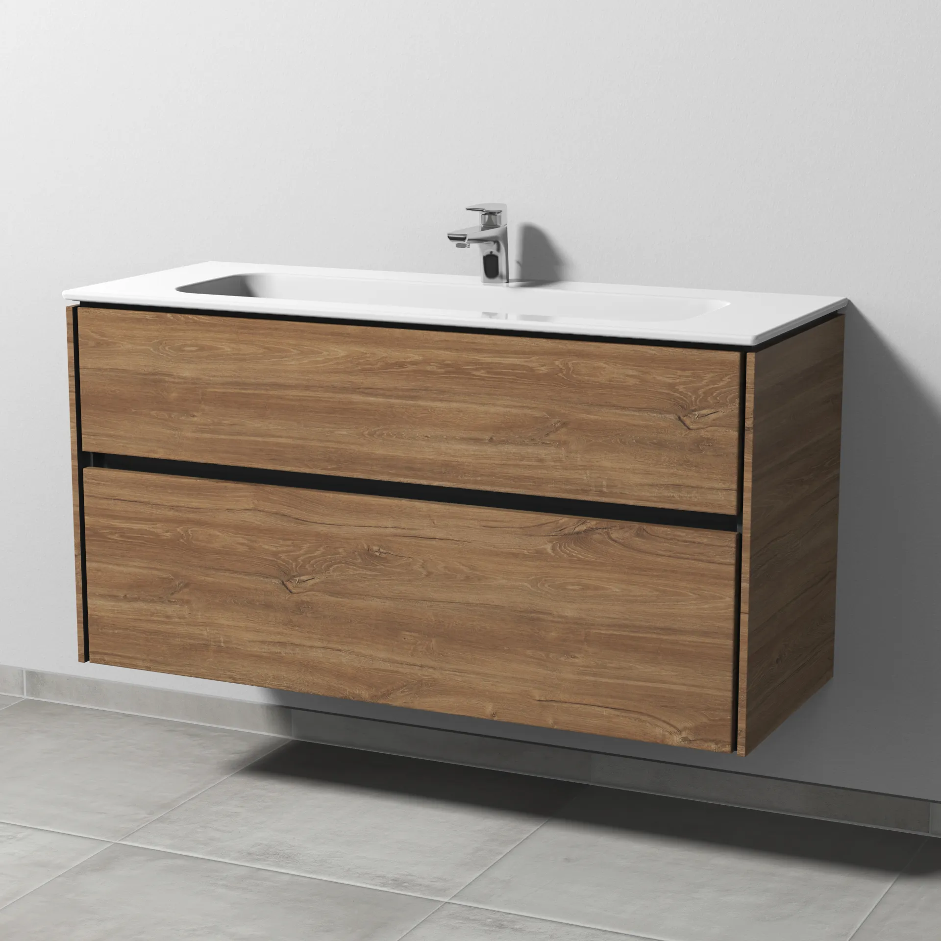 Keramik-Waschtisch-Set mit Waschtischunterschrank „Twiga“ 119 × 46 × 61 cm in Eiche Kansas, ohne Beleuchtung, mit Hahnlochbohrung Keramik-Waschtisch-Set mit Waschtischunterschrank „Twiga“ 119 × 46 × 61 cm in Eiche Kansas, ohne Beleuchtung, mit Hahnlochbohrung