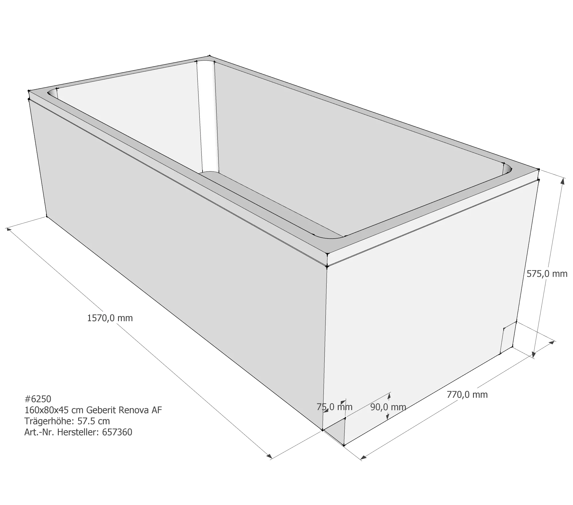 Badewannenträger passend für Geberit Renova 160 × 80 × 45 cm