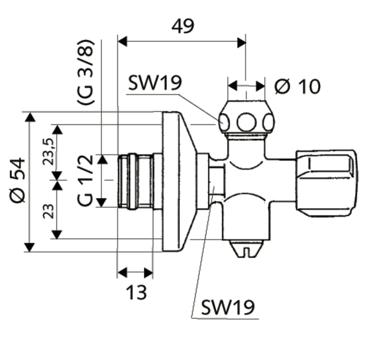 Eckventil COMFORT, COMFORT-Griff, Schubrosette Ø 54 mm, DN 15 G 1/2 AG mit ASAG easy, Ø 10 mm (DN 10 G 3/8 AG), chrom