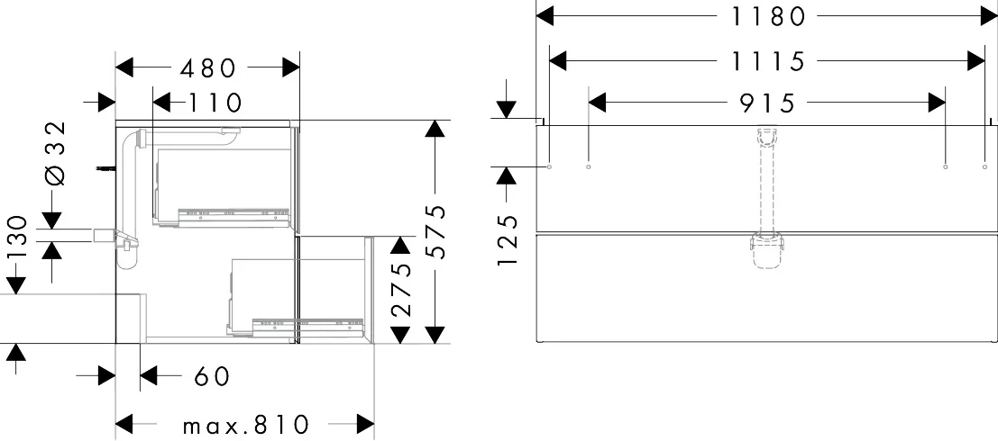 Hansgrohe Xevolos E Waschtischunterschrank Mattweiß 1180x475 mm mit 2 Schubkästen, griff- und siphonausschnittlos, SoftClose, PushOpen, vormontiert Hansgrohe Xevolos E Waschtischunterschrank Mattweiß 1180x475 mm mit 2 Schubkästen, griff- und siphonausschnittlos, SoftClose, PushOpen, vormontiert