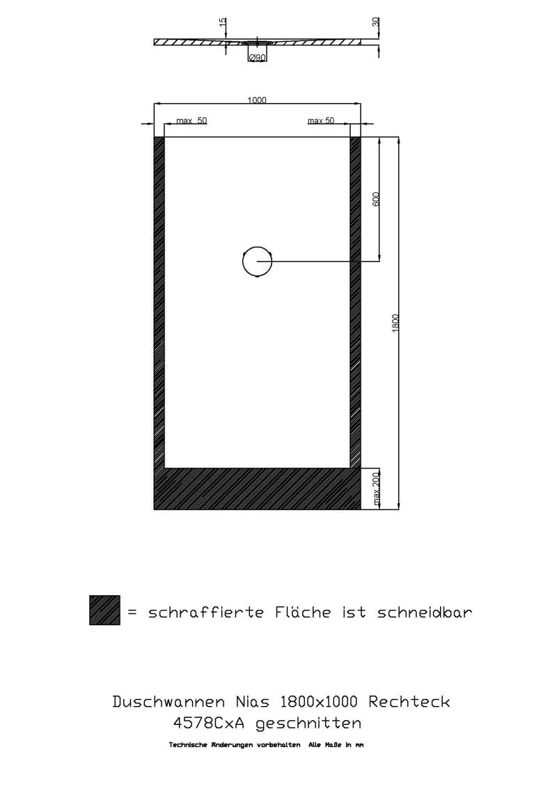 Hoesch rechteck Duschwanne geschnitten „Nias“ mit strukturierter Oberfläche 180 × 100 cm in Weiß