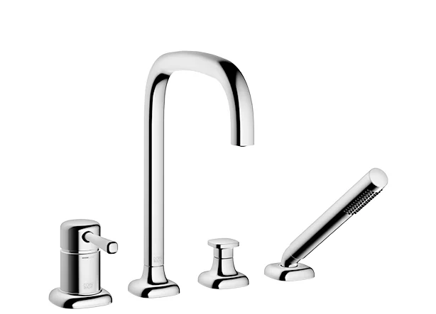 Dornbracht COYA Wannen-Vierlochbatterie Chrom, Auslauf: runder luftangereicherter Strahl, Durchfluss max. 18,2 l/min bei 3 bar, Handbrause COMPACT RAIN, Schlauchbrausegarnitur mit Antikalk-System, automatische Umstellung Wanne/Brause, Ausladung 220 mm, A Dornbracht COYA Wannen-Vierlochbatterie Chrom, Auslauf: runder luftangereicherter Strahl, Durchfluss max. 18,2 l/min bei 3 bar, Handbrause COMPACT RAIN, Schlauchbrausegarnitur mit Antikalk-System, automatische Umstellung Wanne/Brause, Ausladung 220 mm, A