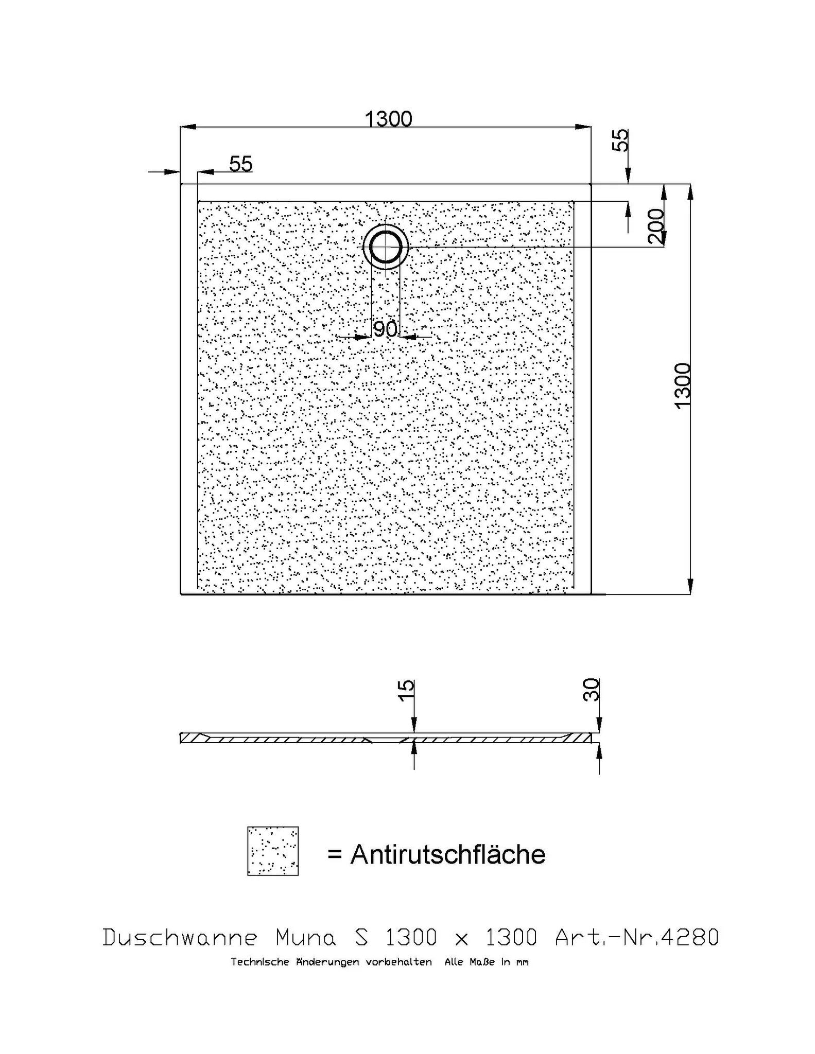 Duschwanne „Muna S“ Quadrat 130 × 130 cm in Schiefergrau