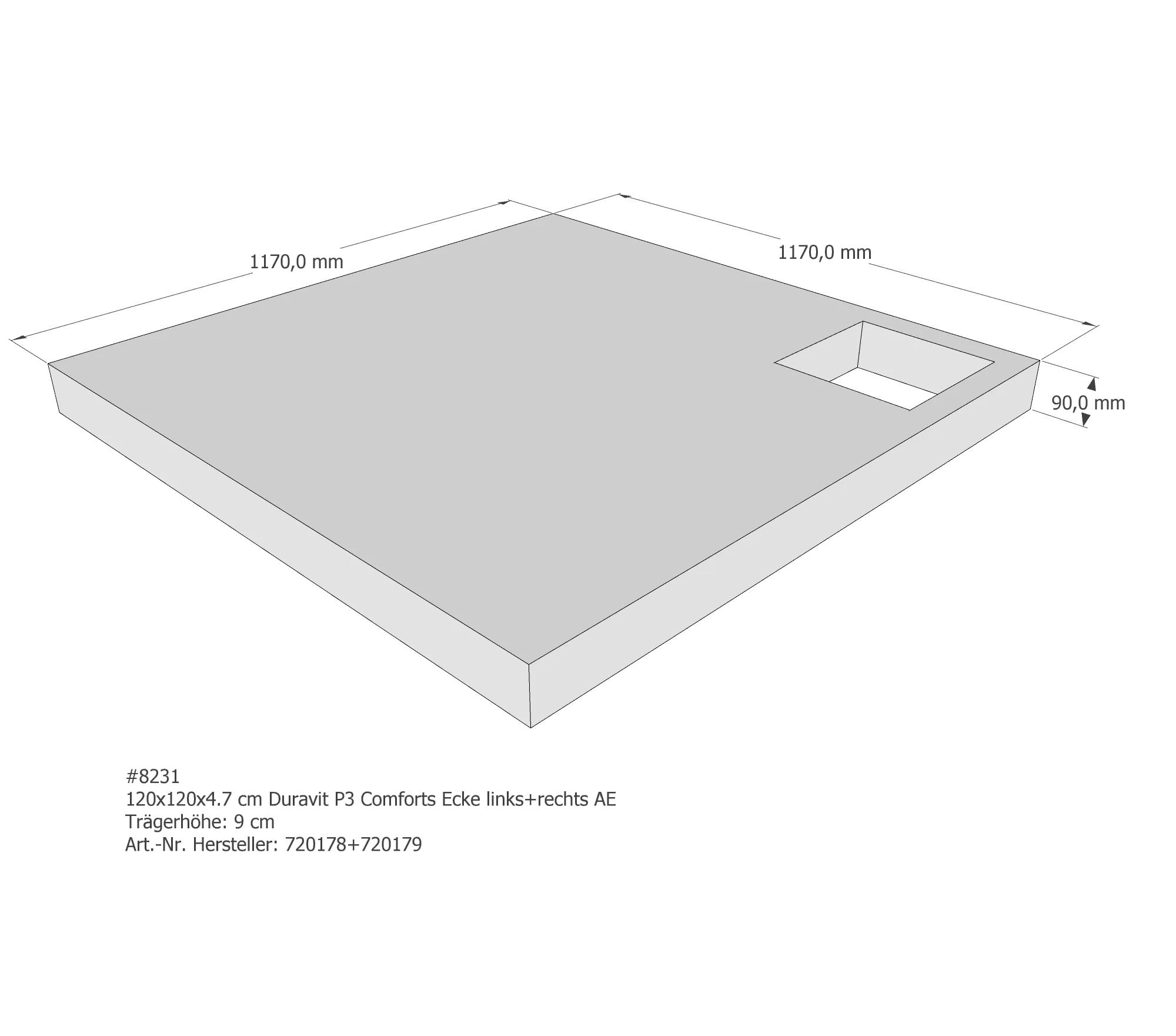 Duschwannenträger für Duravit P3 Comforts links 120 × 120 × 4,7 cm Duschwannenträger für Duravit P3 Comforts links 120 × 120 × 4,7 cm