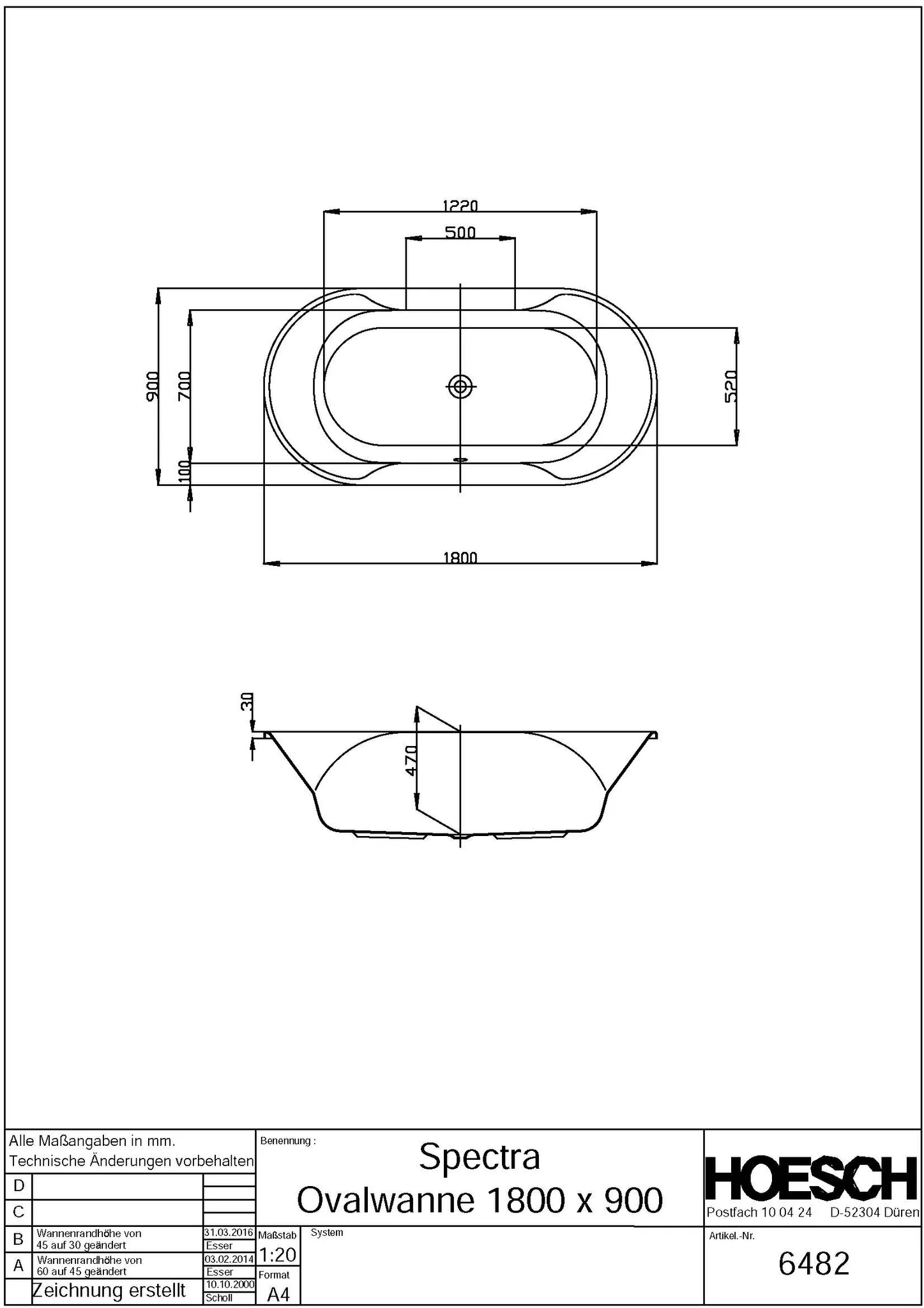 Hoesch Badewanne „Spectra“ oval 180 × 90 cm in Weiß