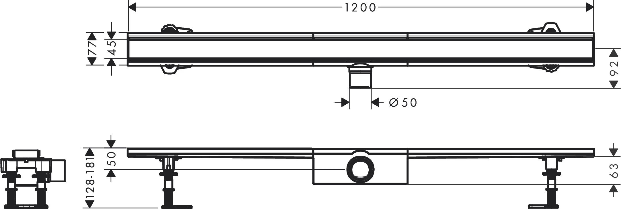 RainDrain Compact Komplettset Duschrinne 1200 für Standardinstallation Edelstahl gebürstet