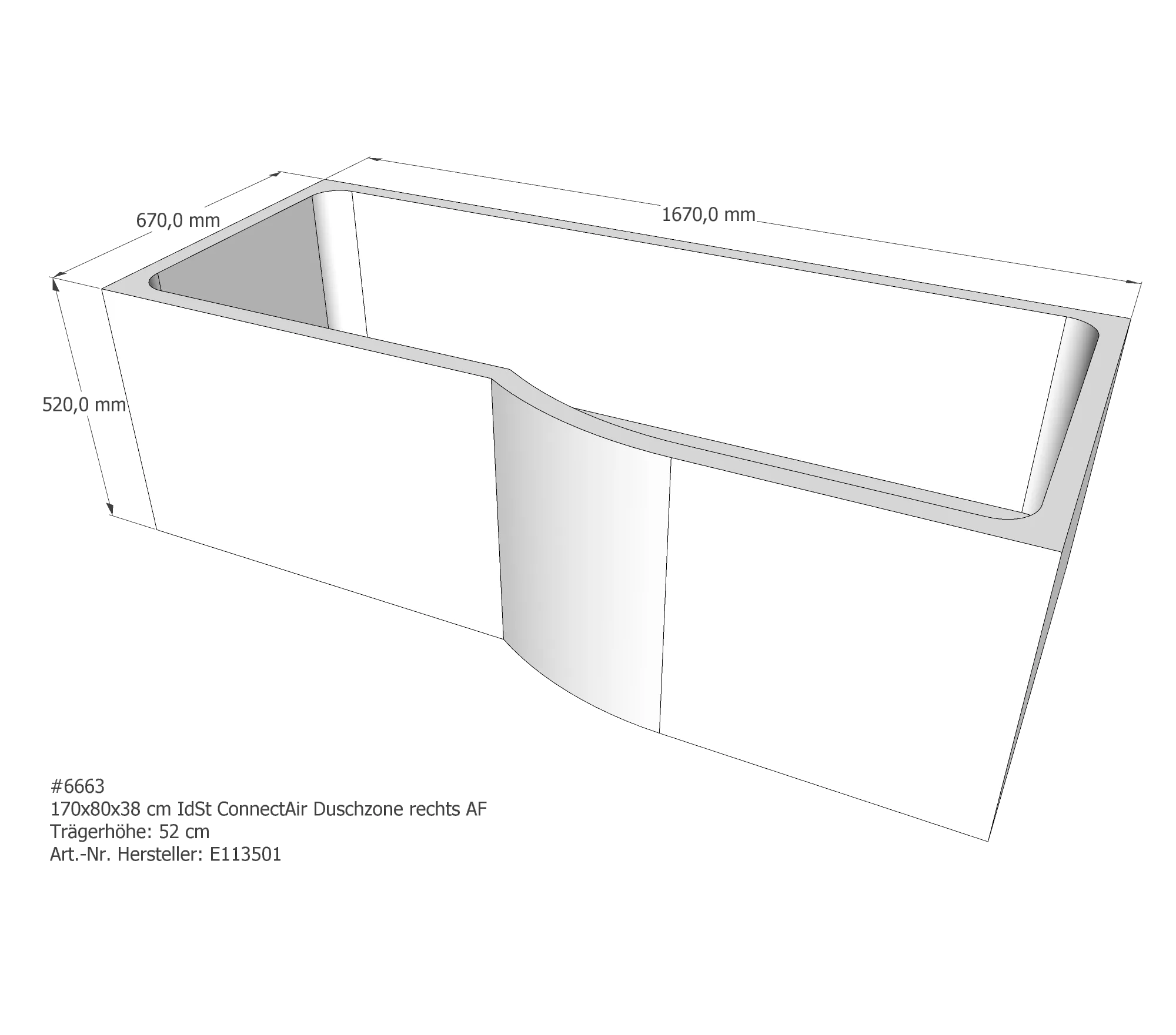 Badewannenträger für Ideal Standard Connect-Air rechts 170 × 80 × 38 cm