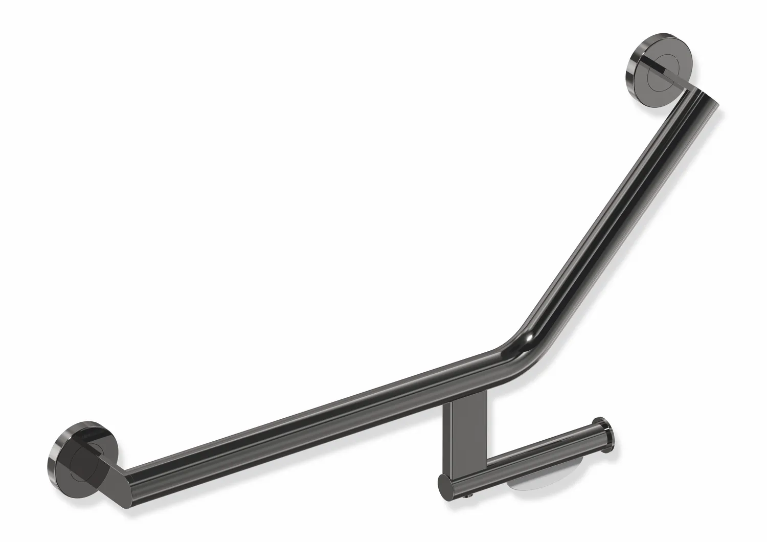 Winkelgriff mit Papierrollenhalter des Systems 900, Edelstahl, PVD, Achsmaße 620 mm und 283 mm, Winkel 135°, D: 32 mm, Ausführung links, in Farbe CK (messing glänzend) Farbe: Schwarzchrom glänzend