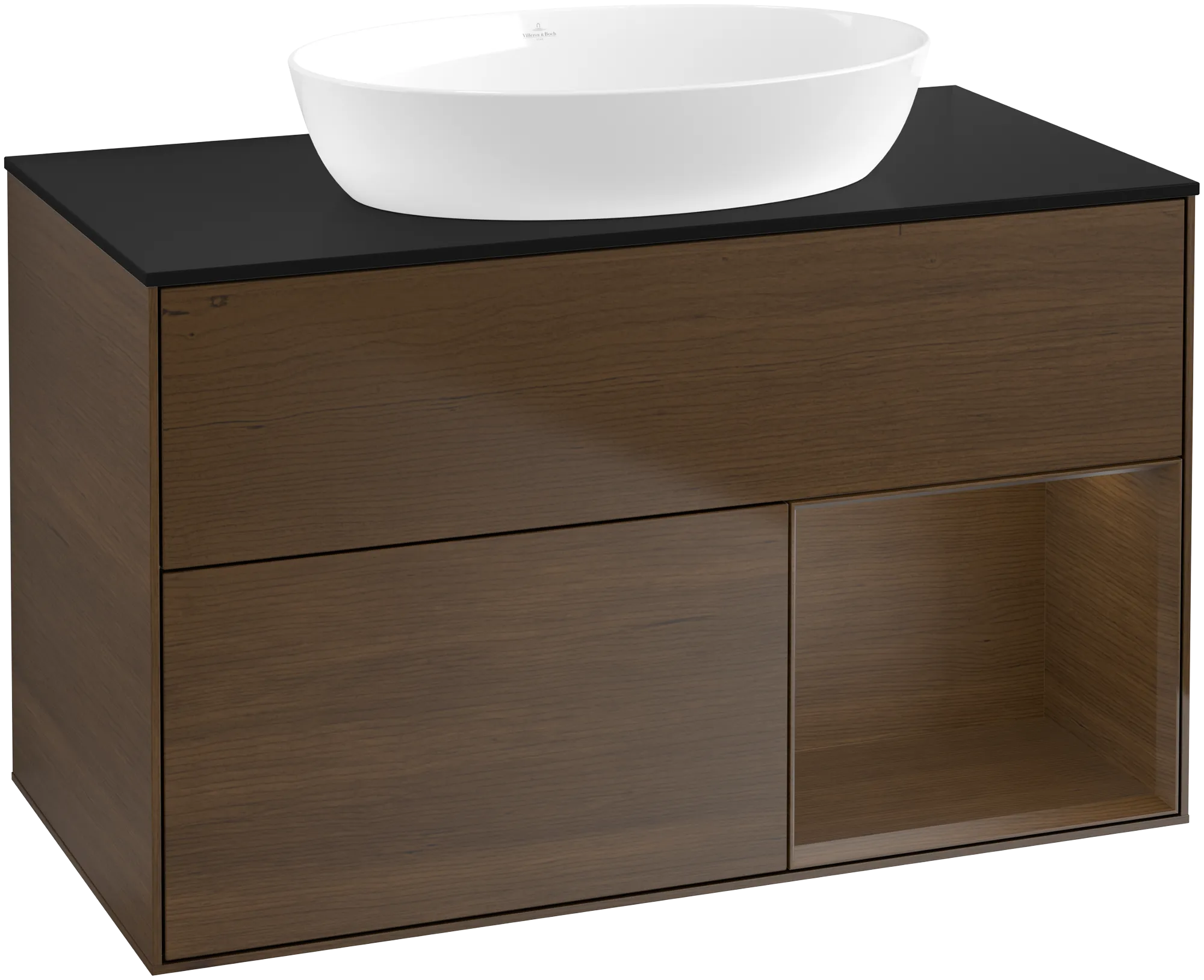 Villeroy & Boch Finion Waschbeckenunterschrank GA2, 1000 x 603 x 501 mm, Walnut Veneer / Glass Black Matt