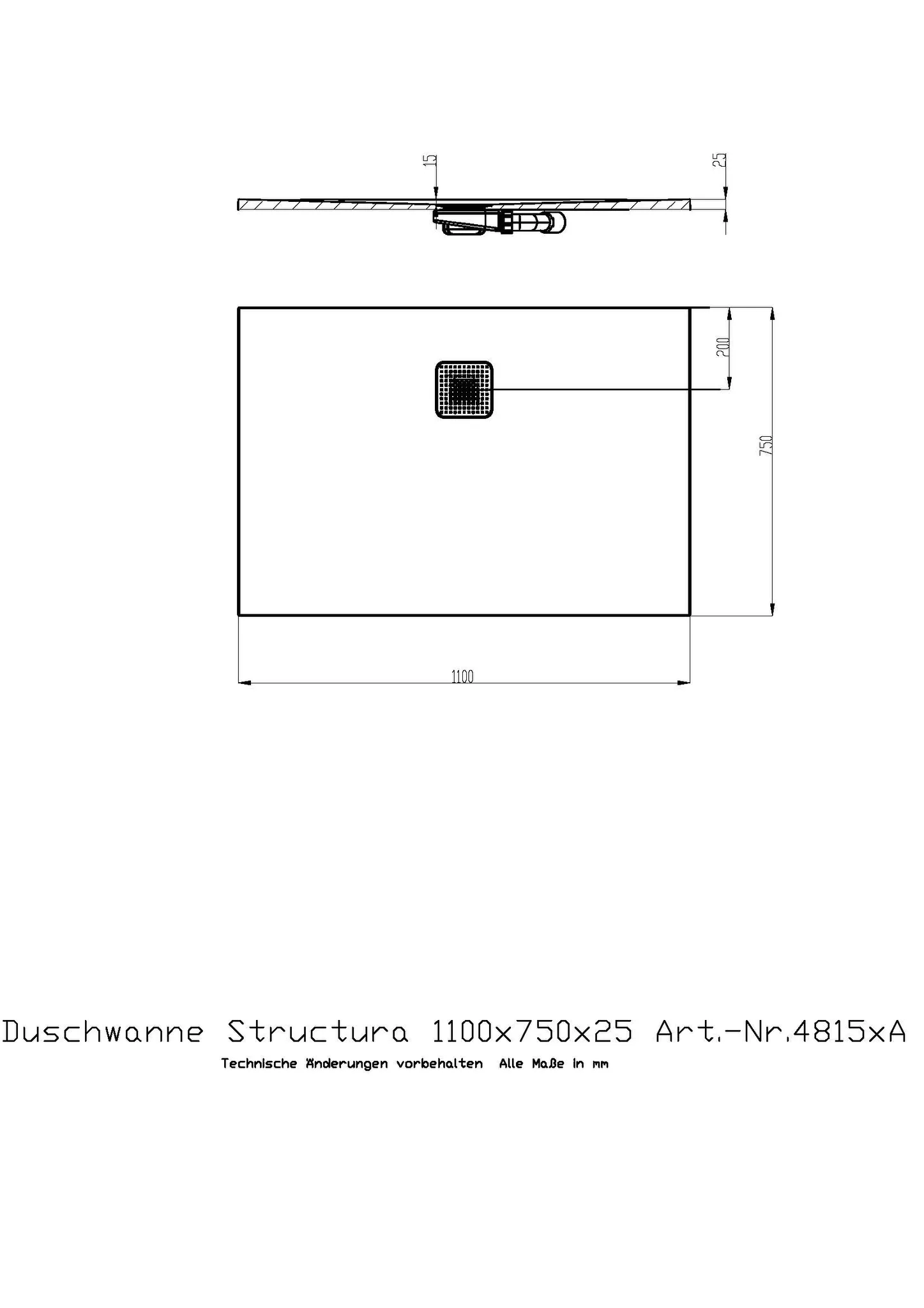 Duschwanne Structura 1100x750x25 in gesoftete Schieferoptik, mit Antirutsch B, Material Solique, Weiß