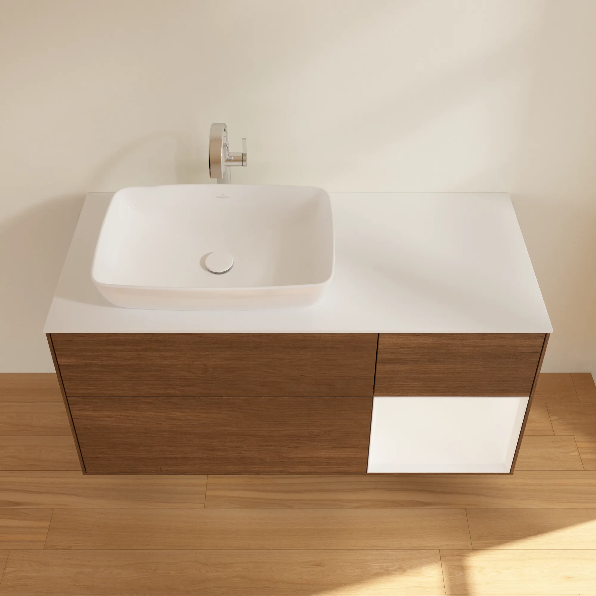 Villeroy & Boch Waschtischunterschrank „Finion“ für Schrankwaschtisch 1200 × 603 × 501 mm Walnut Veneer, für Becken links, mit Hahnlochbohrung Villeroy & Boch Waschtischunterschrank „Finion“ für Schrankwaschtisch 1200 × 603 × 501 mm Walnut Veneer, für Becken links, mit Hahnlochbohrung