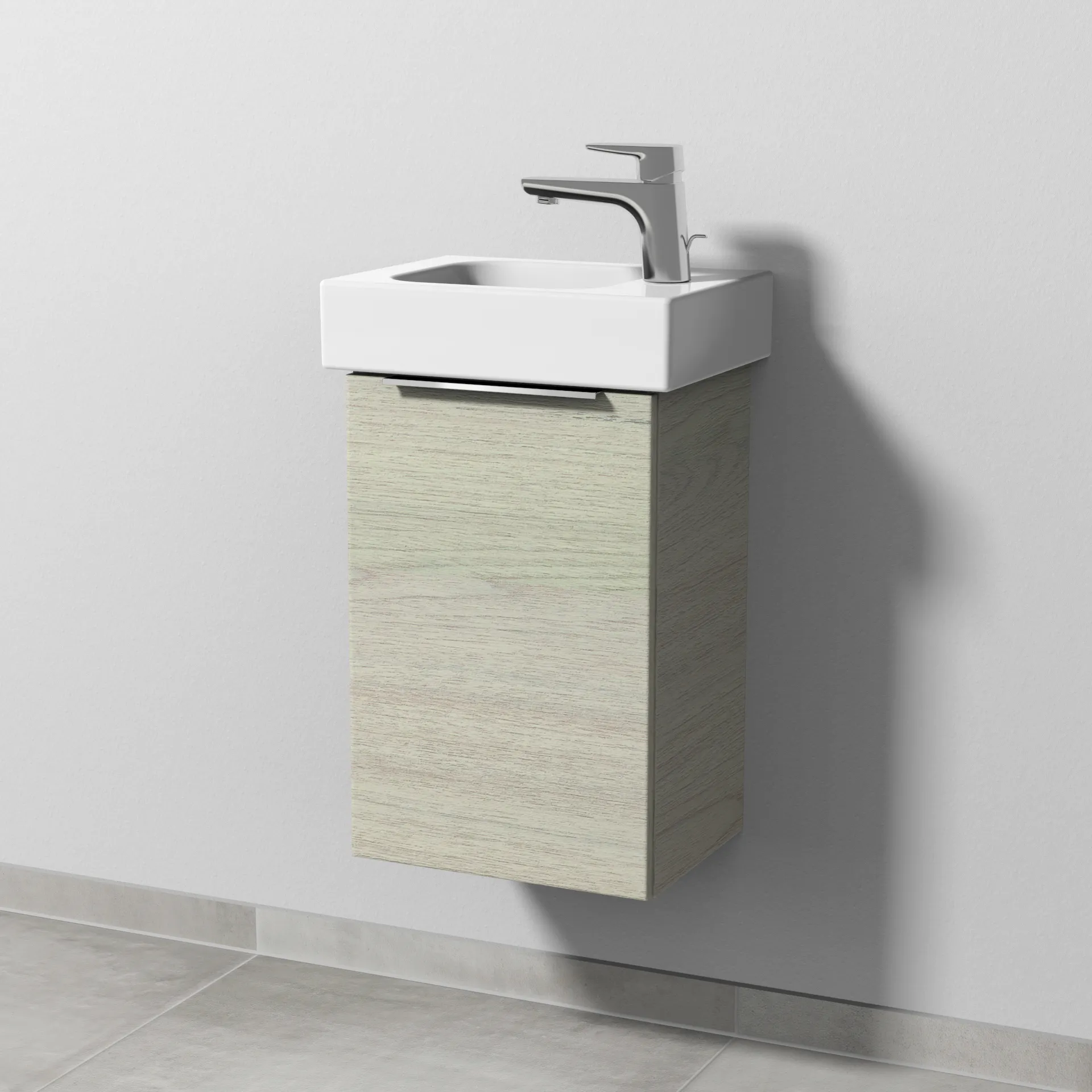 Sanipa Waschtischunterschrank „3way“ passend zu Keramik-Waschtische iCon von Geberit 335 × 523 × 267 mm in White Oak, Anschlag links