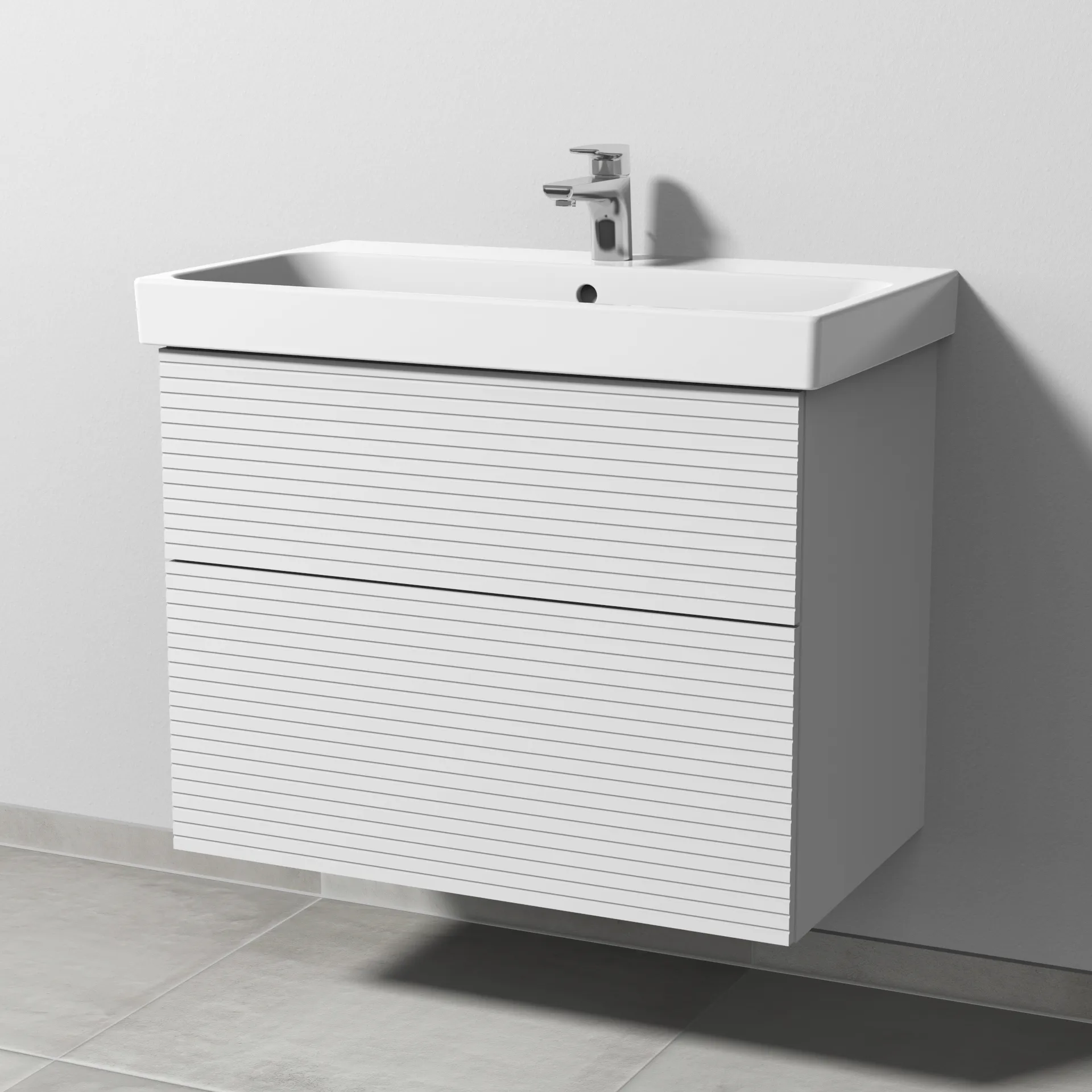 Sanipa Waschtischunterschrank „3way“ Struktur 750 × 588 × 453 mm in Weiß (matt), mit Hahnlochbohrung, Becken mittig Sanipa Waschtischunterschrank „3way“ Struktur 750 × 588 × 453 mm in Weiß (matt), mit Hahnlochbohrung, Becken mittig