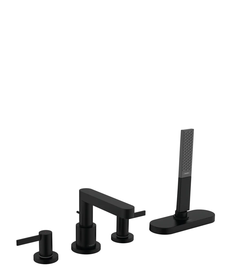 Hansgrohe Finoris 4-Loch Wannenrandarmatur mattschwarz, Ausladung 152 mm, PowderRain-Handbrause, max. Durchfluss 23,5 l/min