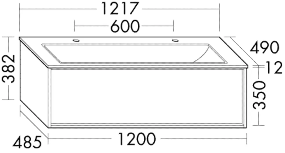 Keramik-Waschtisch Sys K2 inkl. Waschtischunterschrank - Uomo Serie, 490x1217x382 mm, 2 Armaturbohrungen, Muldentiefe 120 mm