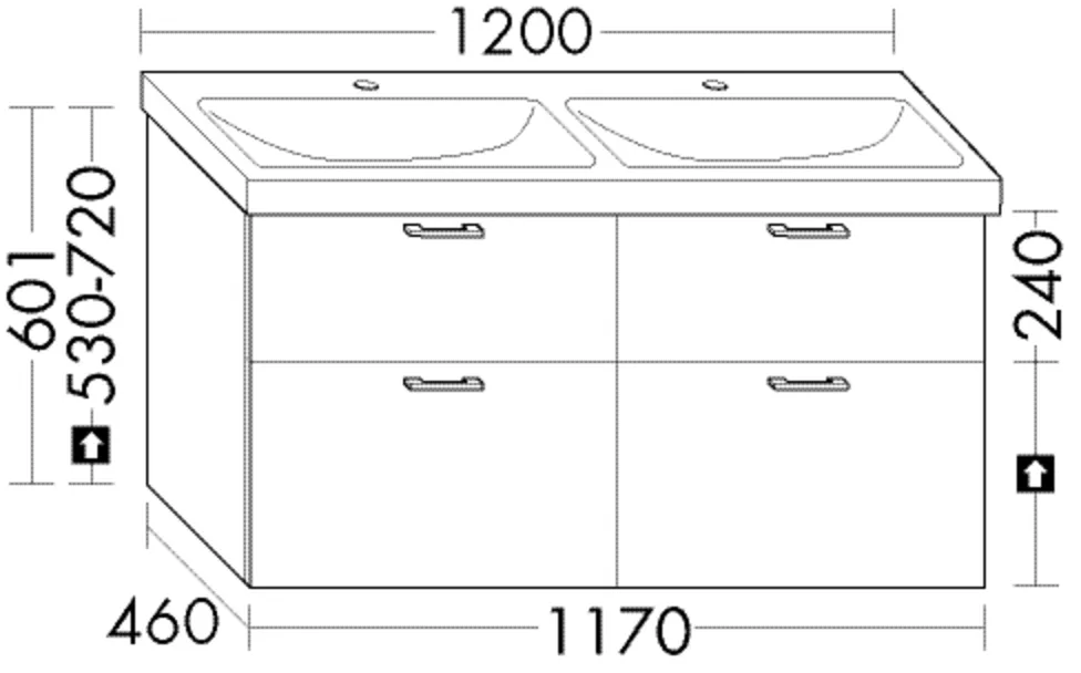 Waschtischunterschrank Sys30 von burgbad - 1 Schublade oben, 1 Auszug unten, 460x1170x601 mm