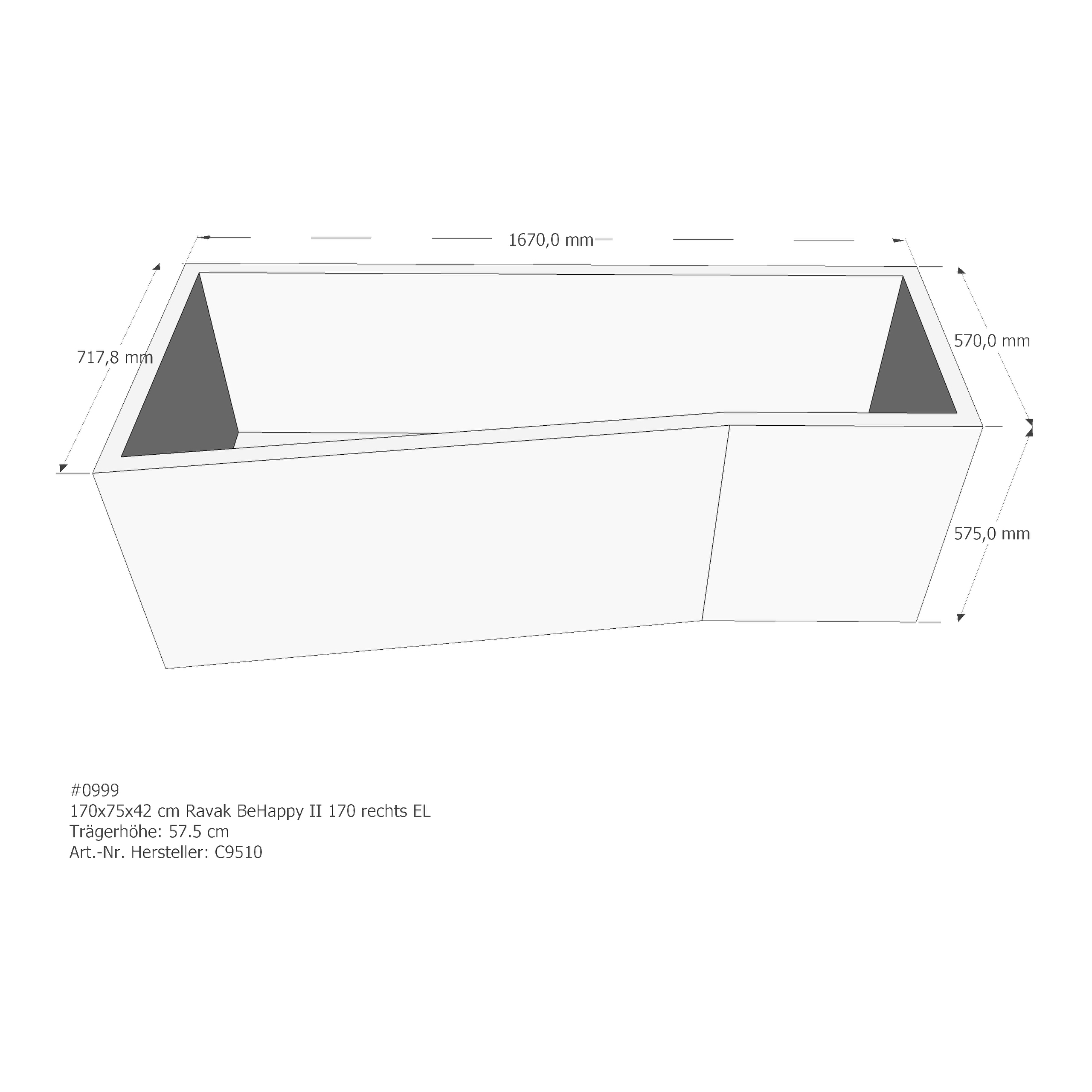 Badewannenträger für Ravak BeHappy II 170 rechts 170 × 75 × 42 cm