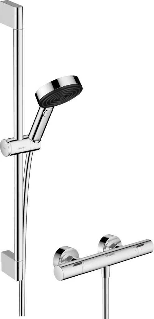 Hansgrohe Pulsify Select S Brausesystem mit Ecostat Fine Thermostat, 105 mm Brausekopf, 3 Strahlarten, Chrom, 65 cm Brausestange