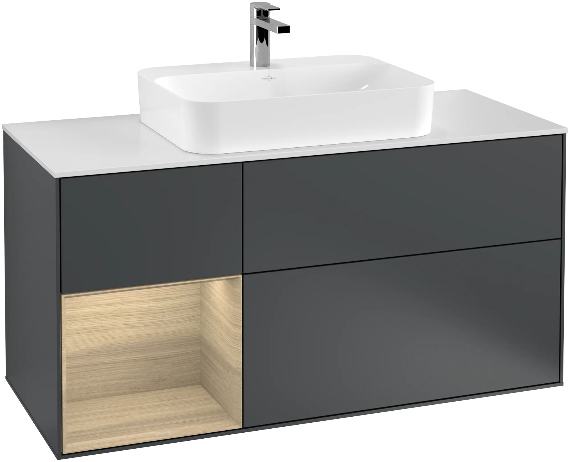 Villeroy & Boch Finion Waschbeckenunterschrank F41, 1200x603x501mm, Midnight Blue Matt Lacquer / Oak Veneer / Glass White Matt