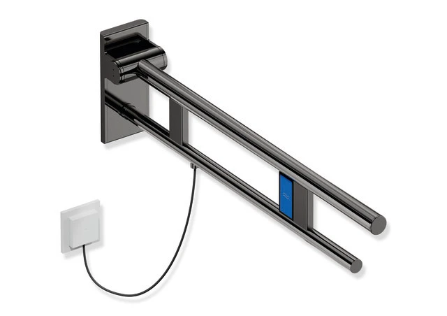 Stützklappgriff Duo, Design A des Systems 900, Edelstahl, PVD, Ausladung 750 mm, mit Spülauslösung (E-Ausführung), Ausführung links, in Farbe CK (messing glänzend)