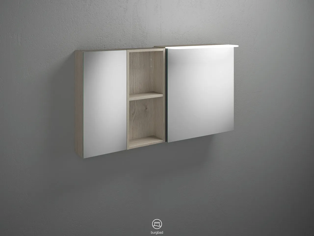 Burgbad Spiegelschrank Badu SFTX120, 310x1200x665 mm, 2 beidseitig verspiegelte Türen, LED-Aufsatzleuchte 4200 K, Schalter-Steckdosenelement