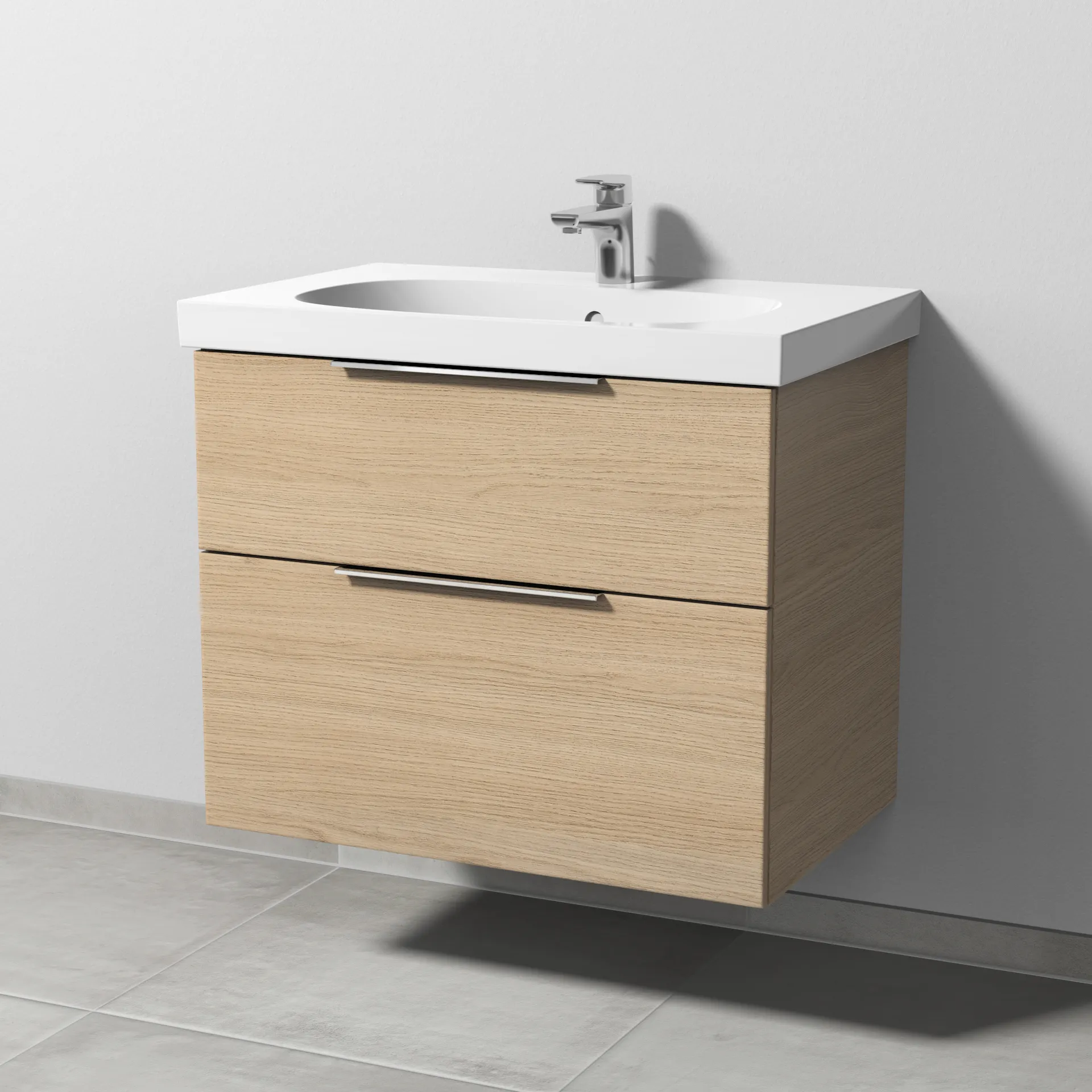 Sanipa Waschtischunterschrank „3way“ passend zu Keramik-Waschtische Acanto von Geberit 720 × 586 × 467 mm in Eiche Nordic, mit Hahnlochbohrung, Becken