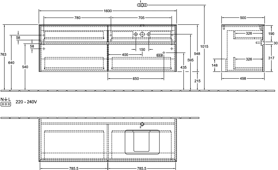 Villeroy & Boch Waschtischunterschrank „Collaro“ 1600 × 548 × 500 mm Glossy Grey, mit Beleuchtung, für Becken rechts Villeroy & Boch Waschtischunterschrank „Collaro“ 1600 × 548 × 500 mm Glossy Grey, mit Beleuchtung, für Becken rechts