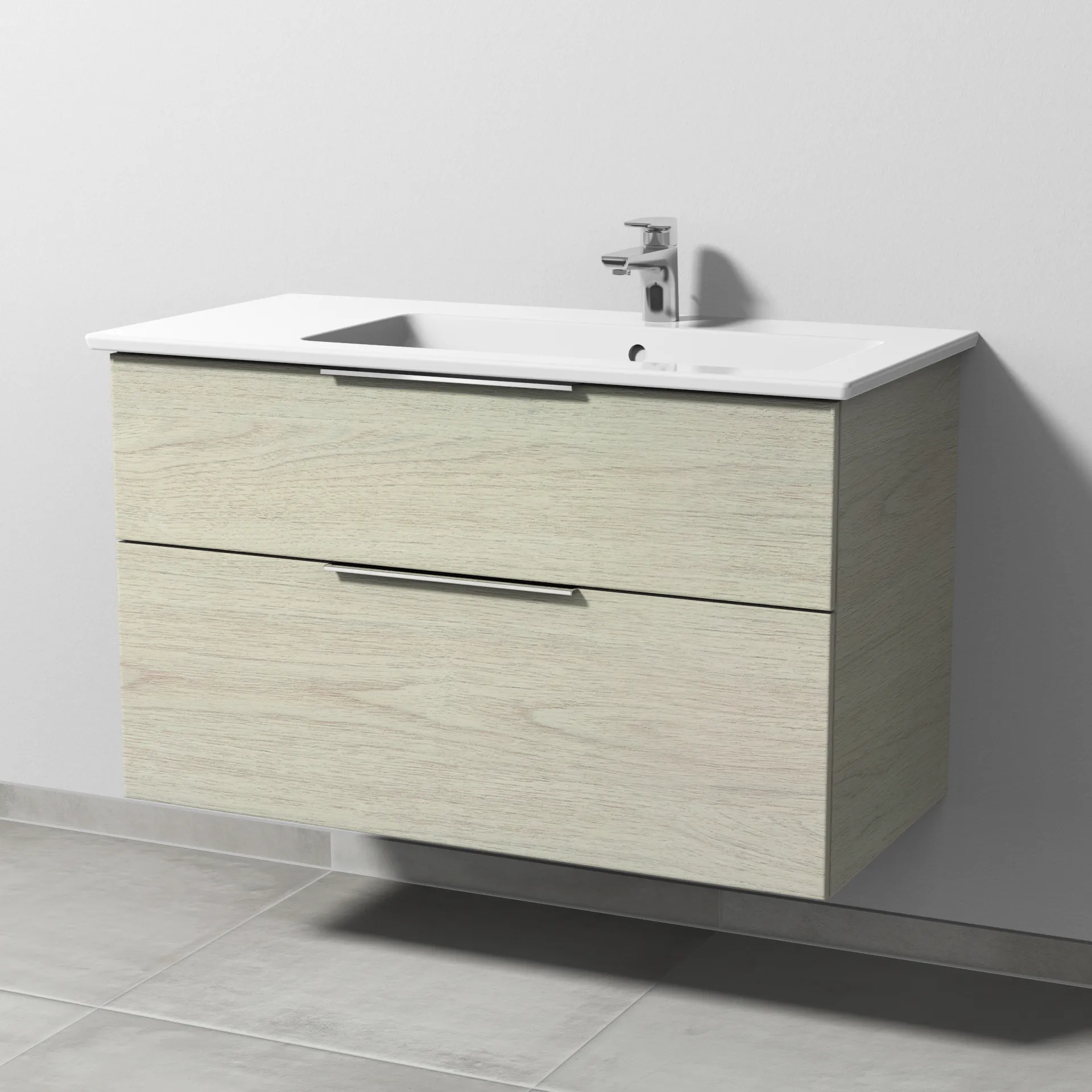 Sanipa Keramik-Waschtisch-Set mit Waschtischunterschrank „3way“ 95,5 × 47,7 × 59,1 cm in White Oak, rechts