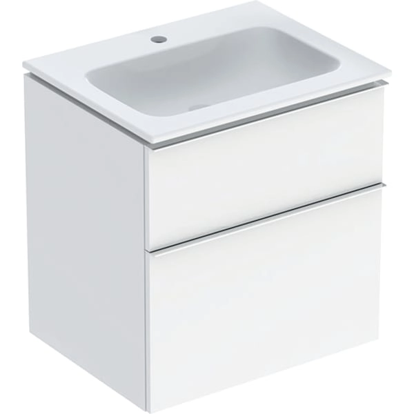 iCon Set Möbelwaschtisch schmaler Rand, mit Unterschrank, zwei Schubladen und Waschbeckenanschluss: B=60cm, H=63cm, T=48cm, weiß / KeraTect, weiß /
