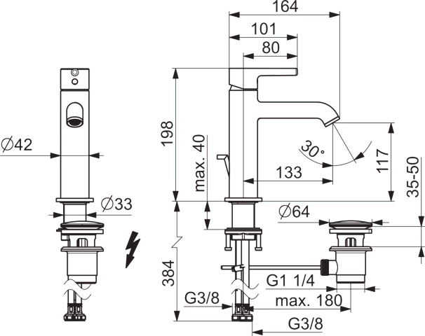 EHM Waschtischbatterie, Niederdruck VANTIS Style 5438 Ablaufgarnitur mit Zugstange Ausladung 133 mm Chrom
