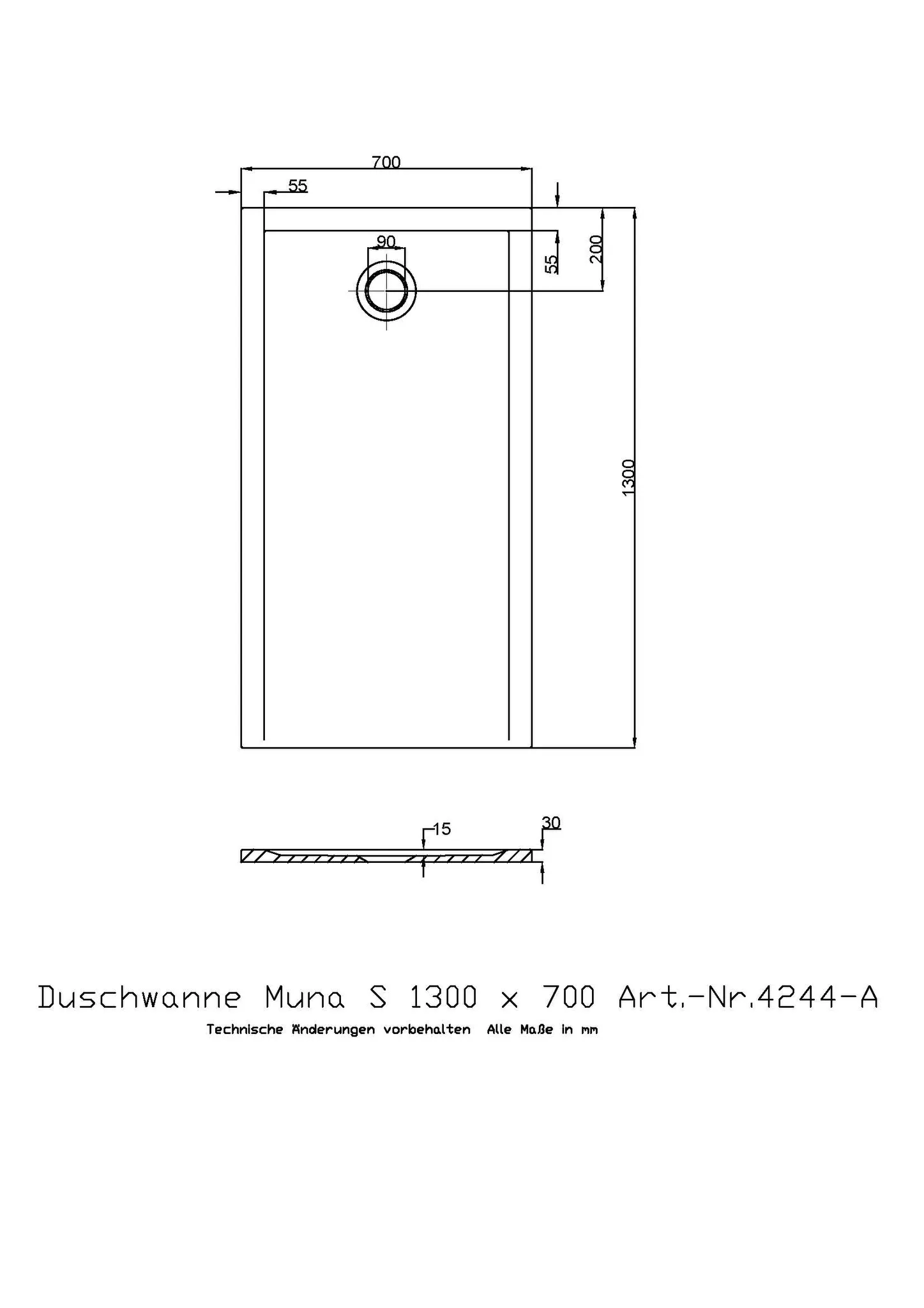 Duschwanne „Muna S“ Rechteck 130 × 70 cm in Telegrau Duschwanne „Muna S“ Rechteck 130 × 70 cm in Telegrau