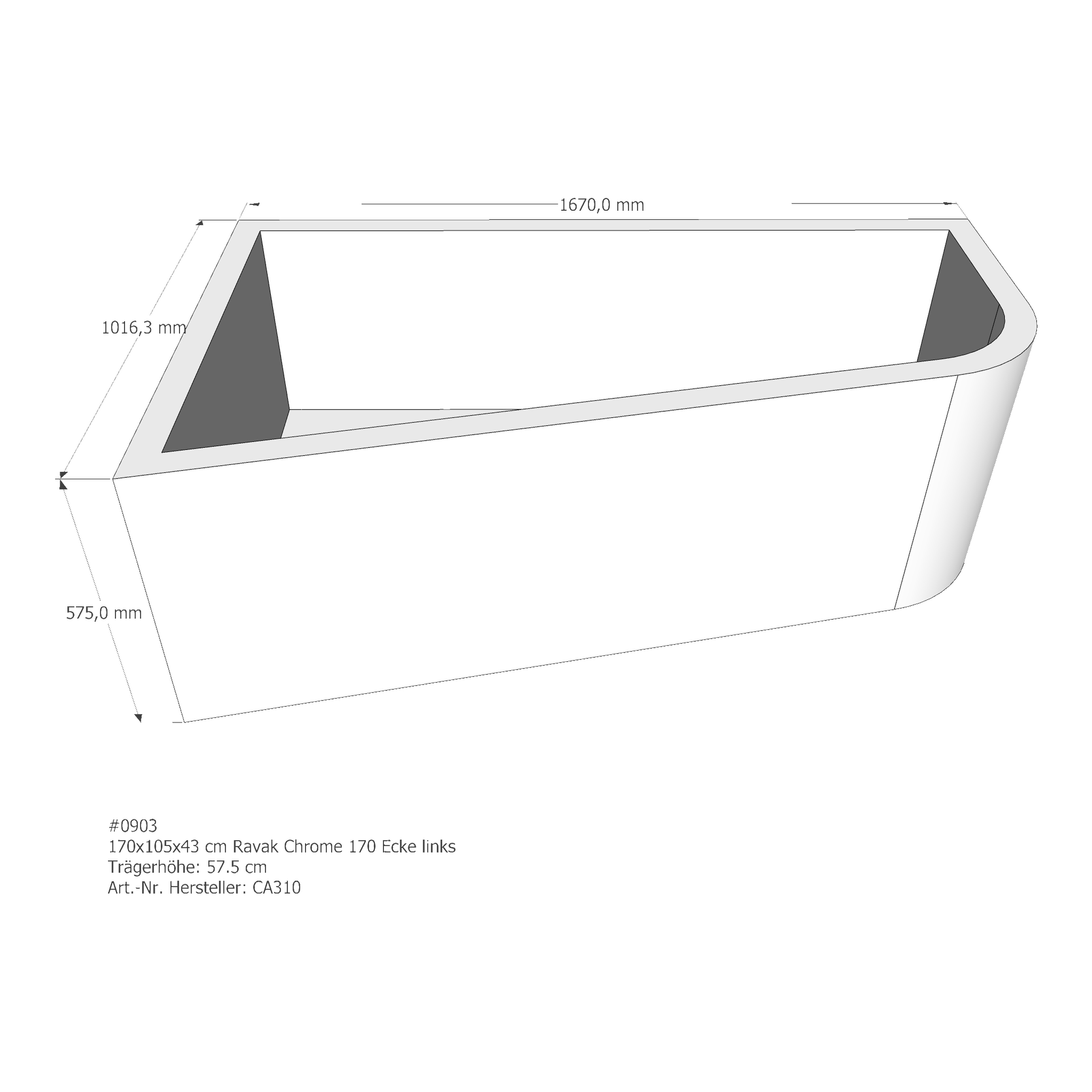 Badewannenträger für Ravak Chrome 170 Ecke links 170 × 105 × 43 cm