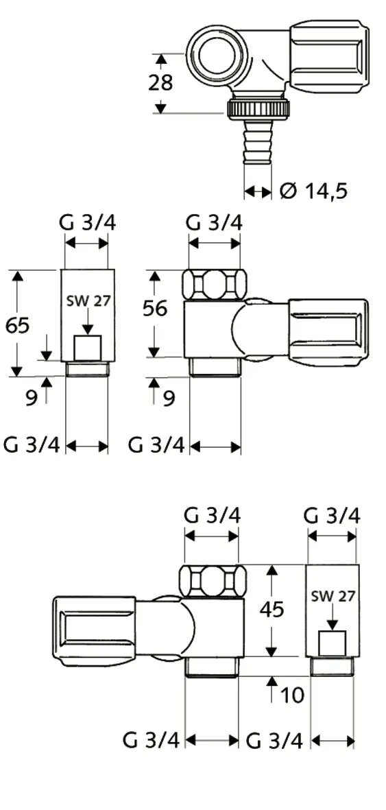 NA-Ventil COMFORT, Ausführung links, RFV im Abgang Geräteanschluss, Baulänge: 45 mm, DN 20 G 3/4 AG, Schlauchverschraubung Ø 14,5 mm (DN 20 G 3/4 AG), DN 20 G 3/4 IG, chrom