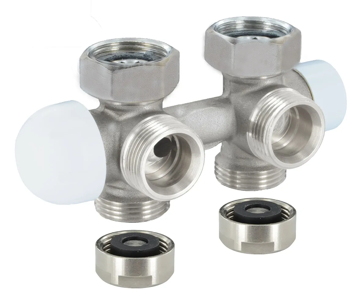 Ventilblock Variant DN15x50 mm, Eck- und Durchgang, Ein- und Zweirohr, vernickelt