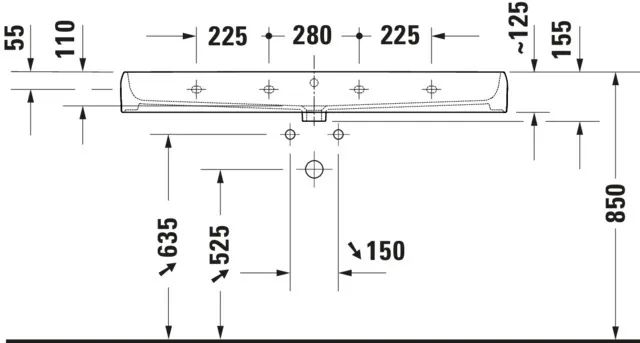 Wandwaschtisch Unterseite glasiert „Qatego“ 120 × 47 × 15 cm, Hahnlochposition mittig in mit HygieneGlaze