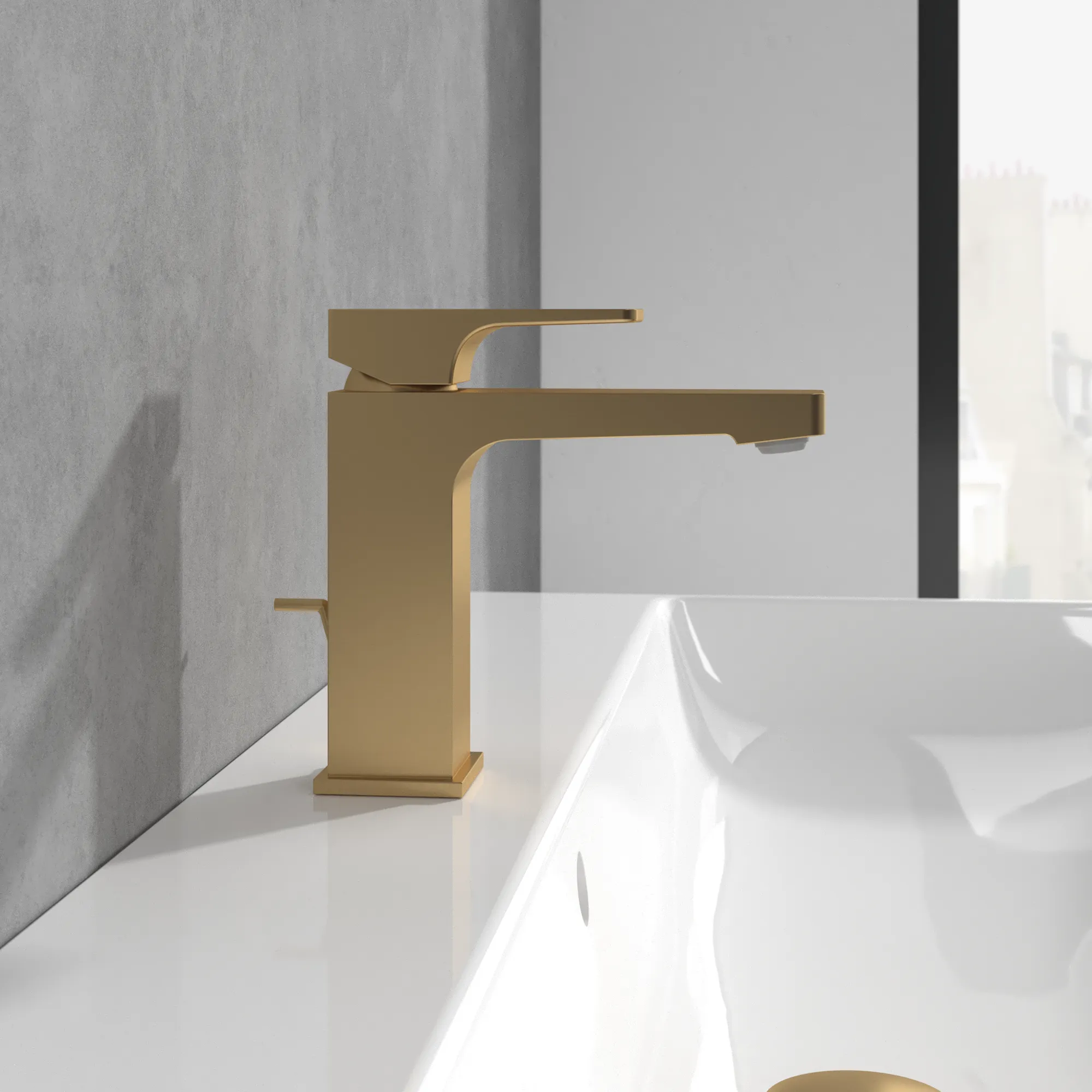 Einhand-Waschtischarmatur „Architectura Square“ 16,5 cm Ausladung 130 mm in Brushed Gold Einhand-Waschtischarmatur „Architectura Square“ 16,5 cm Ausladung 130 mm in Brushed Gold