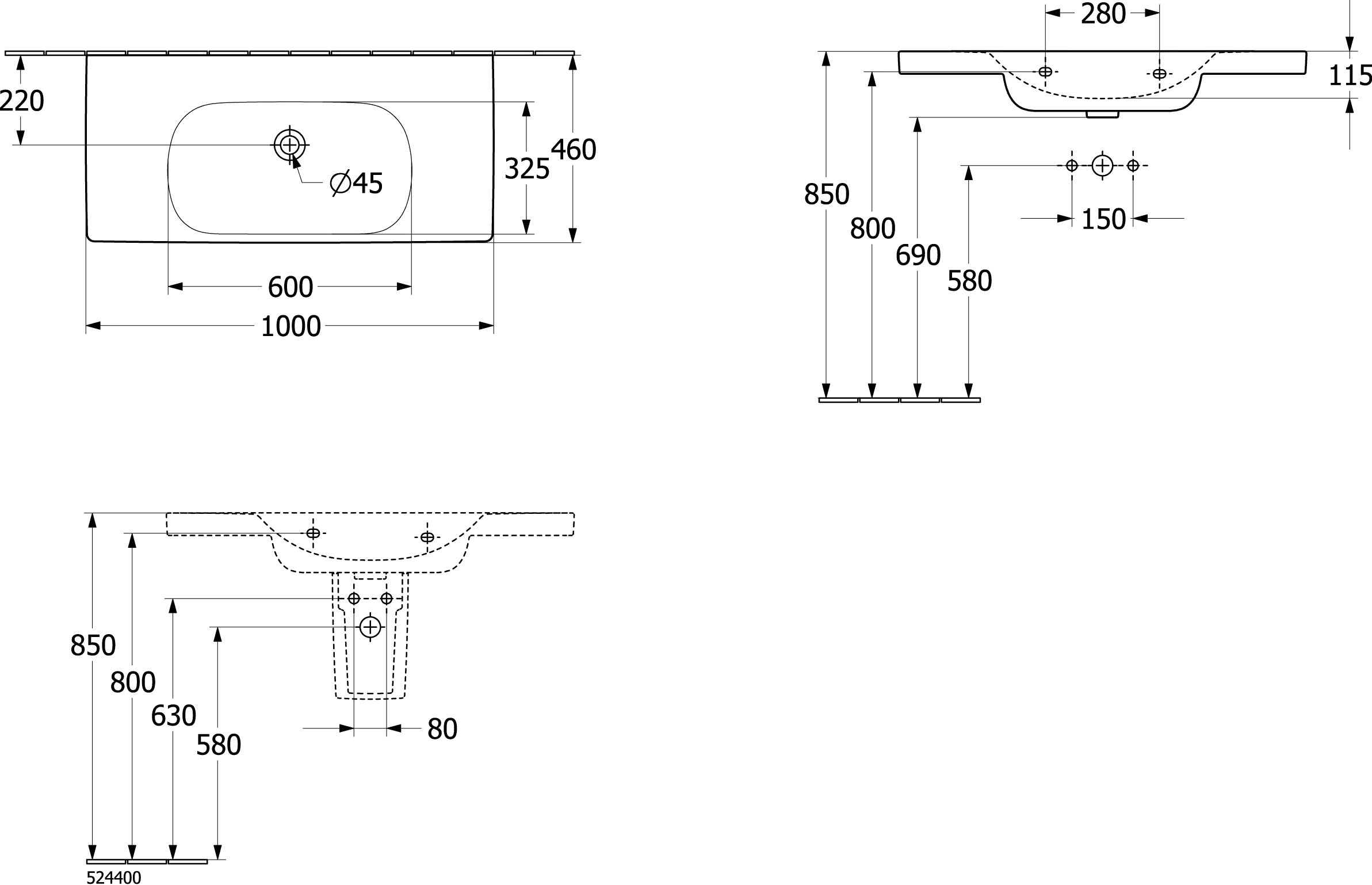 Villeroy & Boch Schrankwaschtisch Skyla, 1000x460 mm, Höhe 160 mm, weiß Alpin, TitanCeram, Wandmontage
