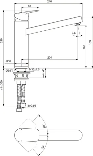 Küchenarmatur Ceraplan Ausladung 204mm mit hohem Rohrauslauf Niederdruck Chrom Küchenarmatur Ceraplan Ausladung 204mm mit hohem Rohrauslauf Niederdruck Chrom