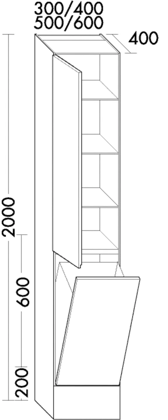 Hochschrank bodenstehend, 1 Tür;3 Glaseinlegeböden;1 fester Boden;1 Wäschekippe;1 Sockel, Tiefe: 400 mm, Breite: 300 mm, Höhe: 2000 mm Hochschrank bodenstehend, 1 Tür;3 Glaseinlegeböden;1 fester Boden;1 Wäschekippe;1 Sockel, Tiefe: 400 mm, Breite: 300 mm, Höhe: 2000 mm