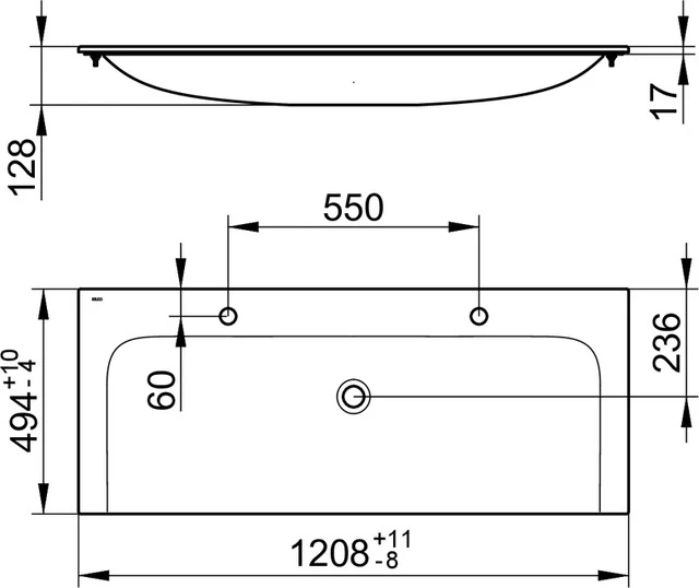 X-Line 33180311202 Keramik-Doppelwaschtisch mit 2 × 1-Loch Bohrung 1208 × 17 × 494 mm weiß