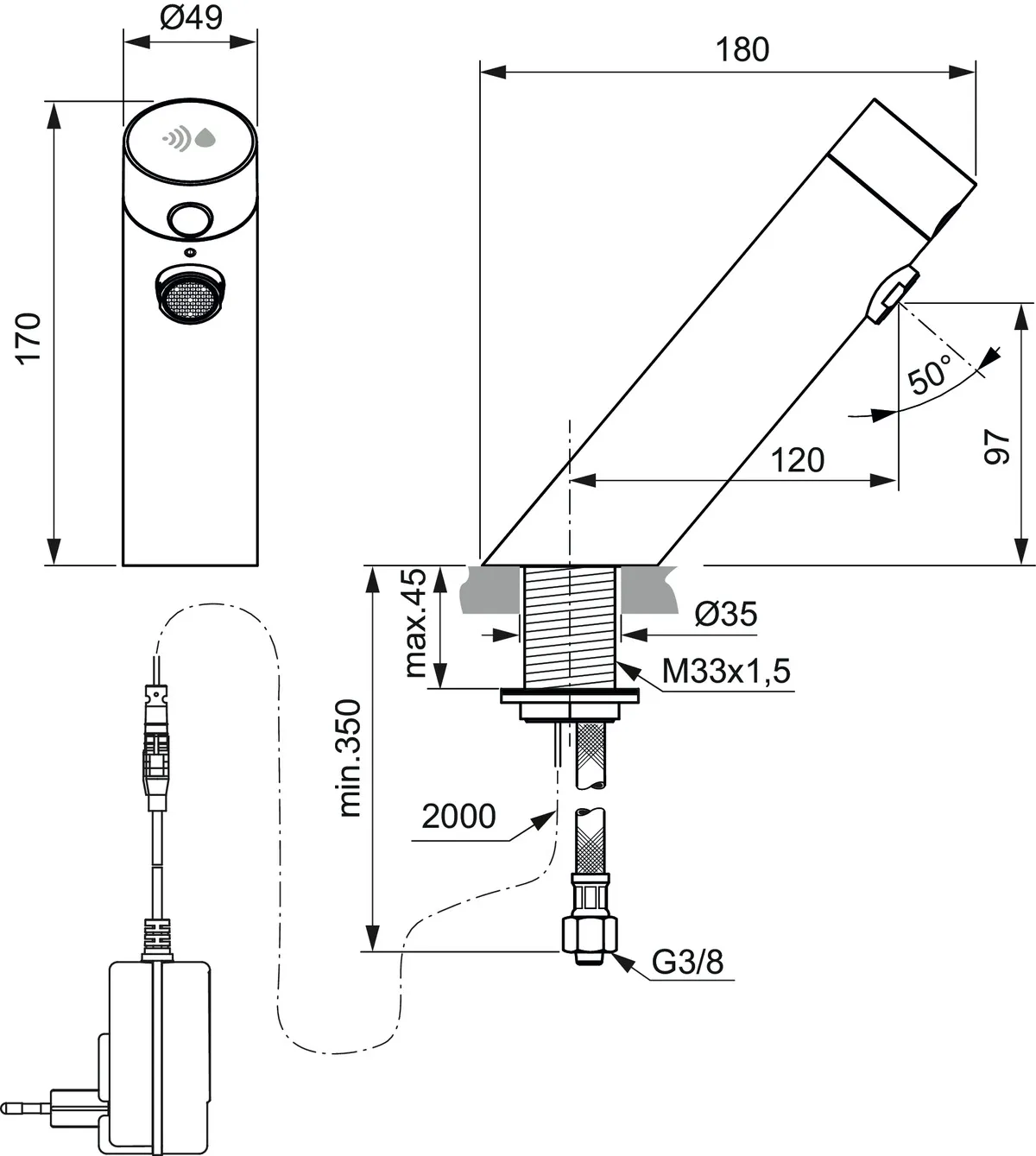 Sensor-Waschtischarmatur Sensorflow ohne Mischung Ausladung 120mm Netzteil Chrom