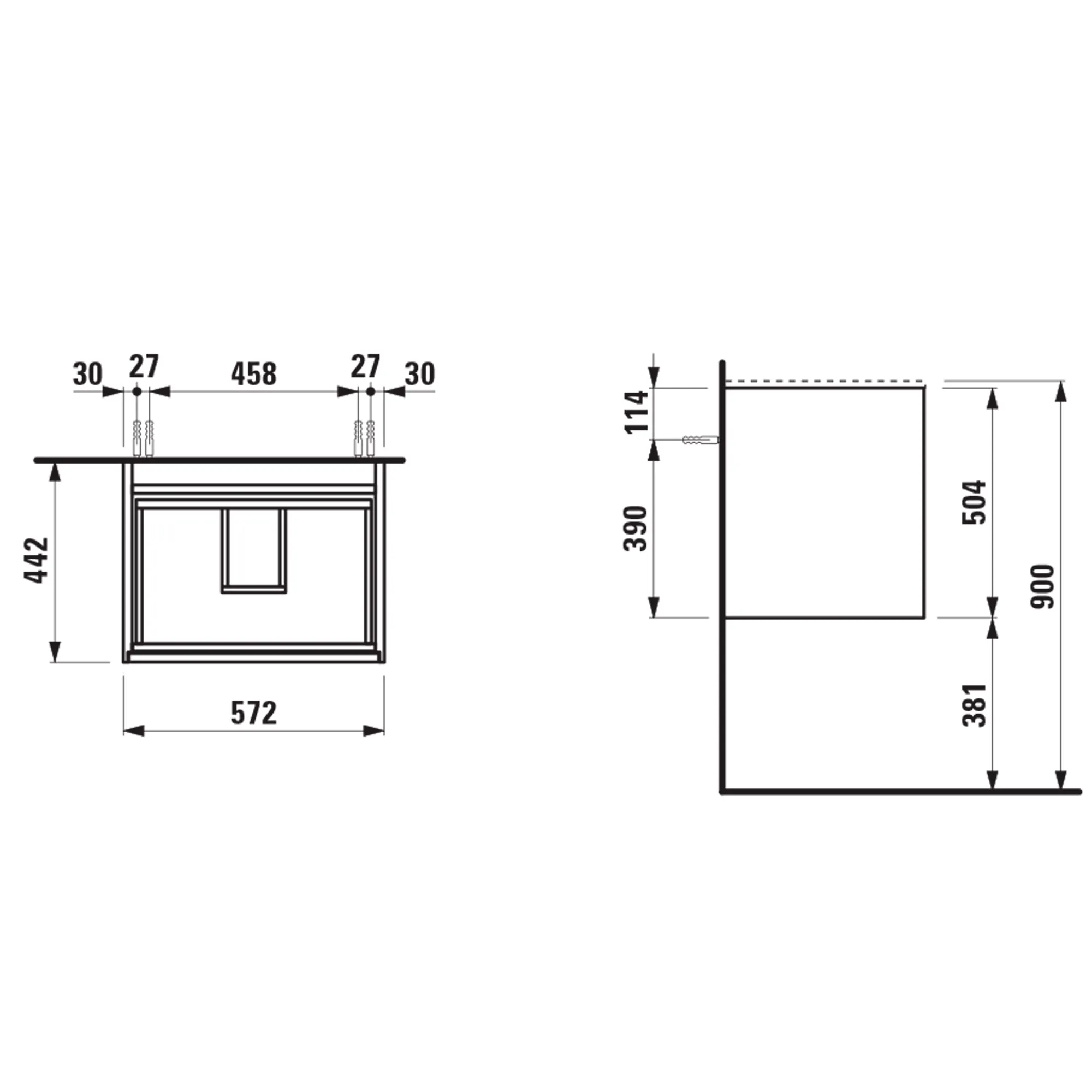 Waschtischunterbau, MEDA, 442x572x504, mit 2 Schubladen, 1 Ordnungssystem, integrierte Griffleiste, Vollauszug und Soft-Close, für Möbelwaschtisch MEDA H814113 (60 cm), weiß matt