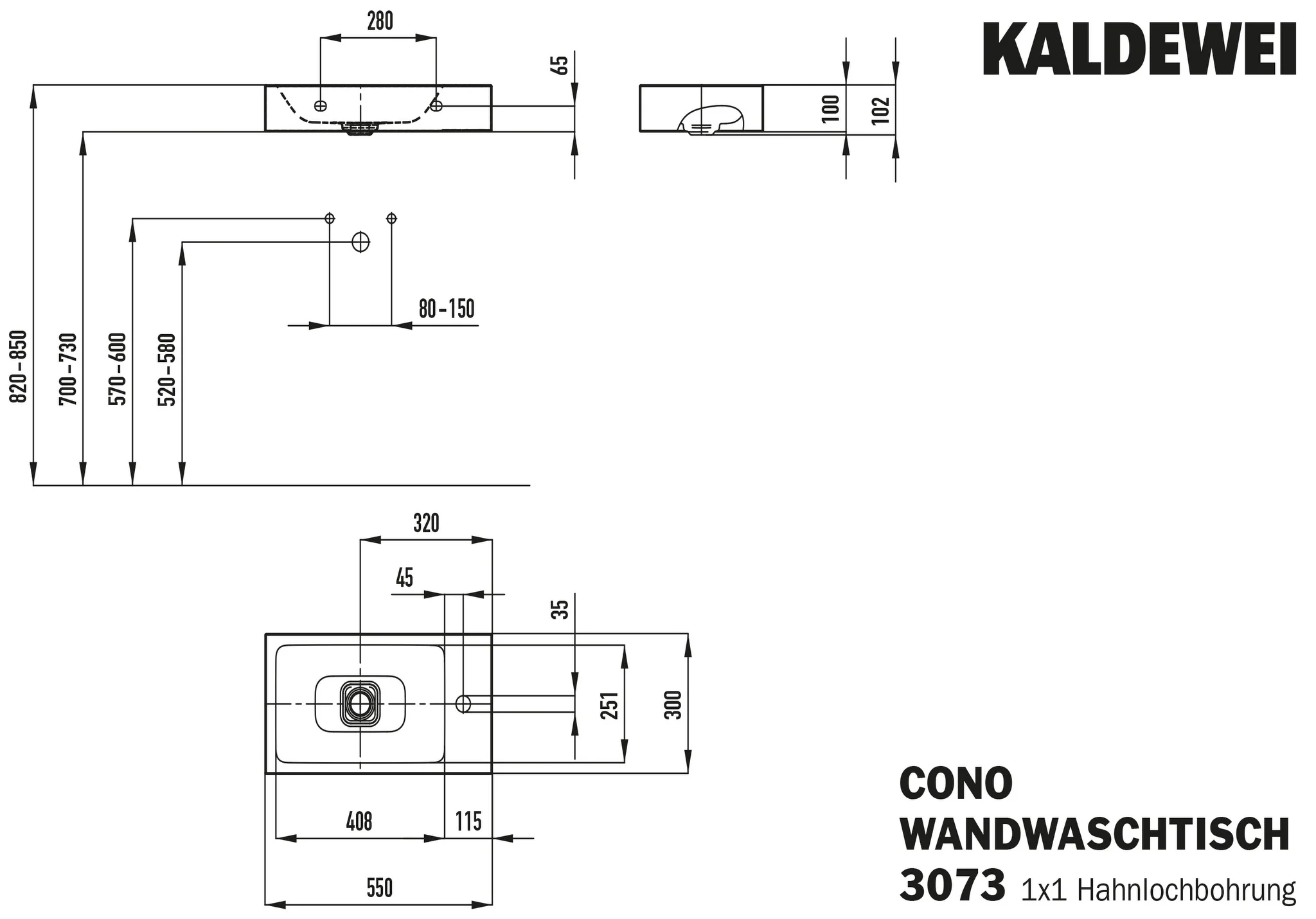 Kaldewei CONO Wand-Handwaschtisch, 550x300 mm, Alpinweiß, Linksausführung, Perl-Effekt, Antidröhn, 1er Hahnlochbohrung, ohne Überlauf