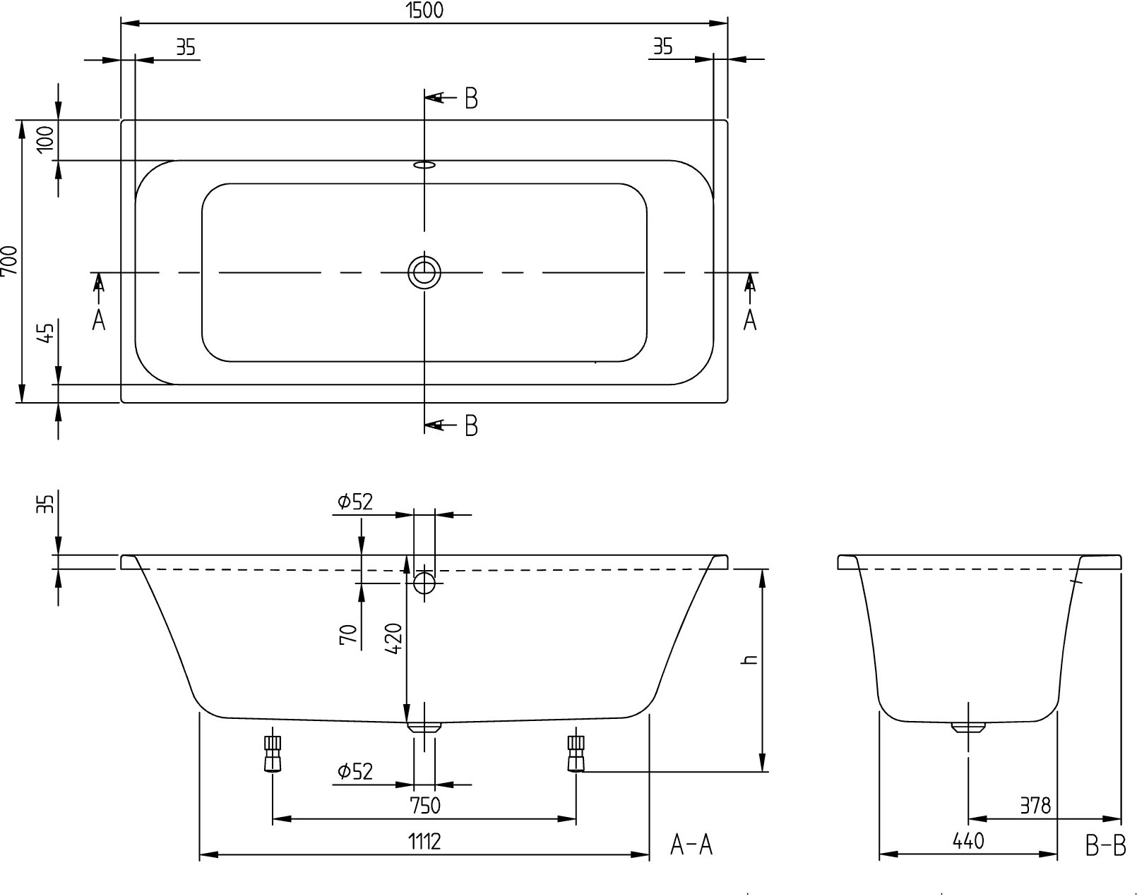Villeroy & Boch Architectura Badewanne UBA157ARE2V, 1500 x 700 x 415 mm, Weiß Alpin