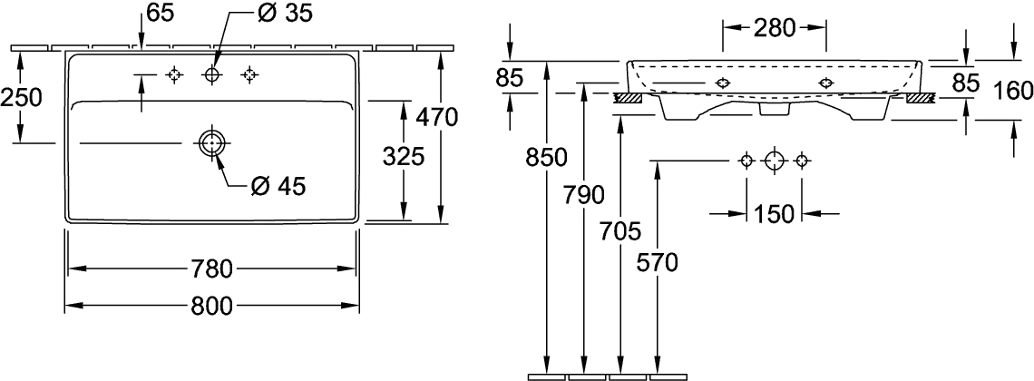 Villeroy & Boch Schrankwaschtisch aus TitanCeram geschliffen „Collaro“ 800 × 465 × 160 mm, mit Hahnlochbohrung, Hahnlochposition mittig in Weiß Alpin