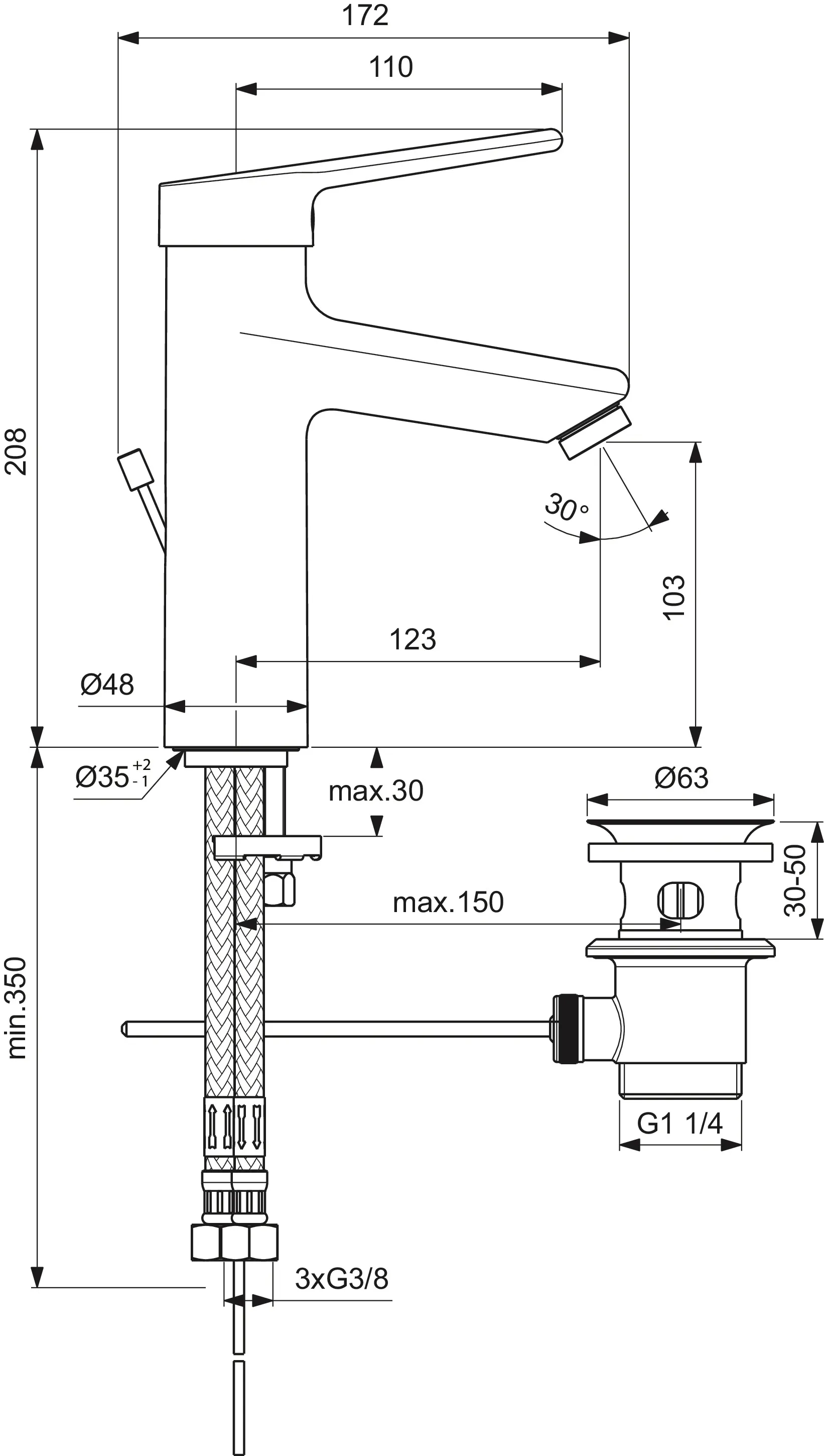 Waschtischarmatur Ceraplus Grande Niederdruck mit Ablaufgarnitur Ausladung 123mm Chrom Waschtischarmatur Ceraplus Grande Niederdruck mit Ablaufgarnitur Ausladung 123mm Chrom