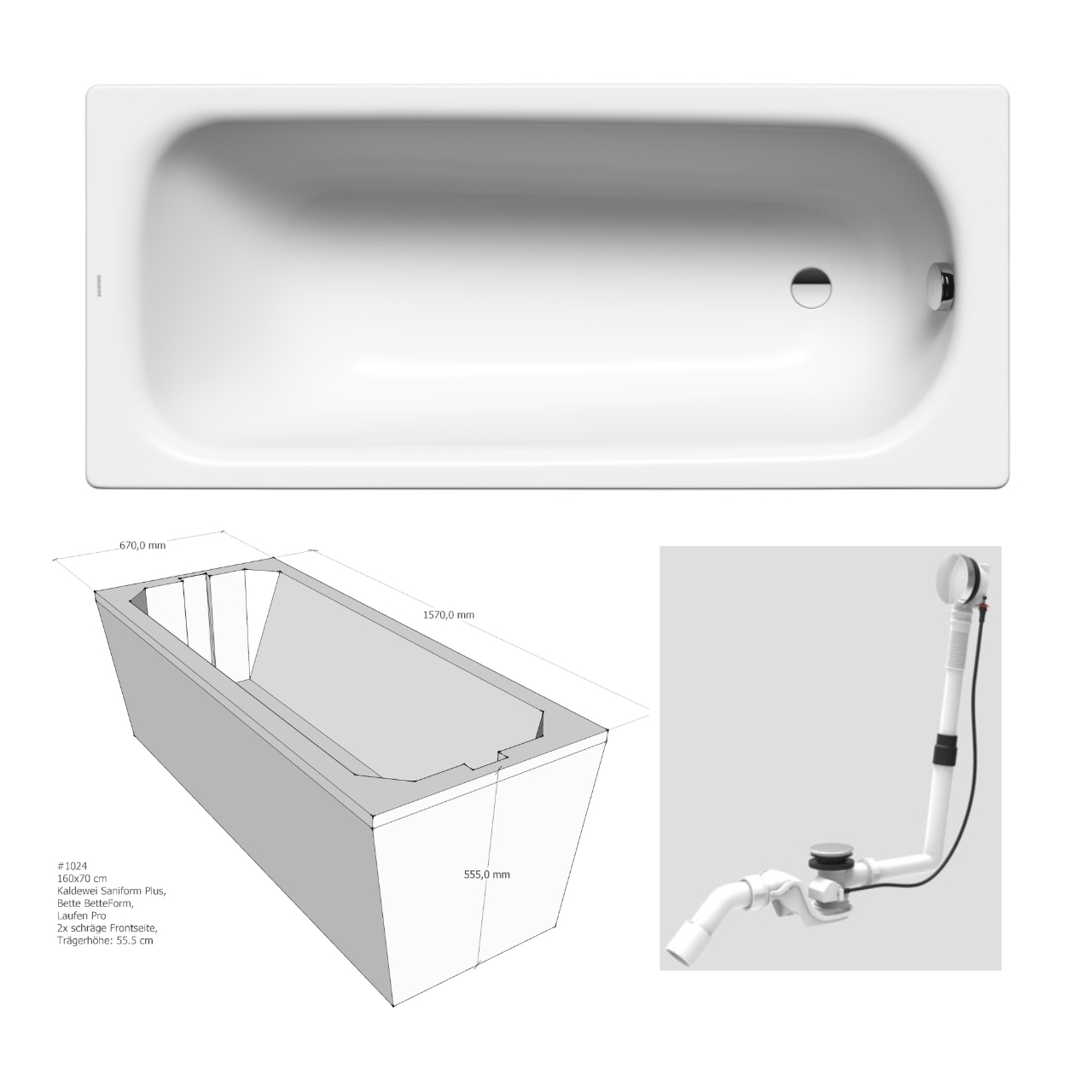 Set Kaldewei Badewanne „Saniform Plus“ rechteck 160 × 70 cm mit Träger und Ablauf „Basic flat“ Ab- und Überlaufgarnitur