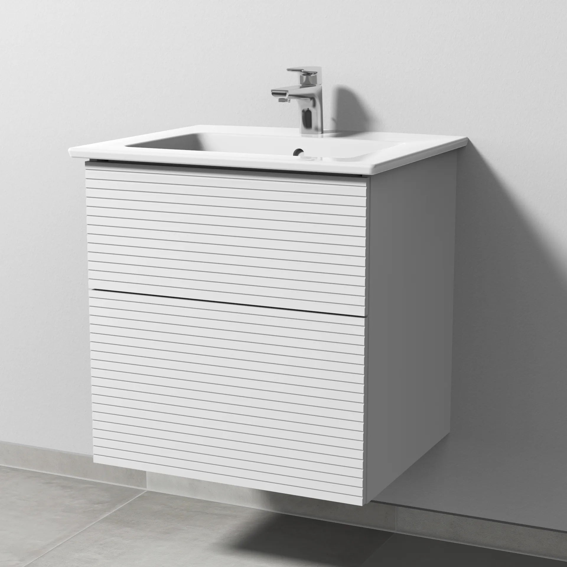 Set „3way“ Struktur 55,5 × 47,7 × 59,1 cm in Weiß (matt), mit Hahnlochbohrung, Becken mittig Set „3way“ Struktur 55,5 × 47,7 × 59,1 cm in Weiß (matt), mit Hahnlochbohrung, Becken mittig